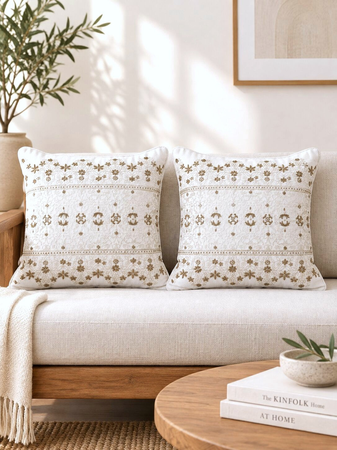 Ivory Meadow Embroidered Pillow Cover Set of 2