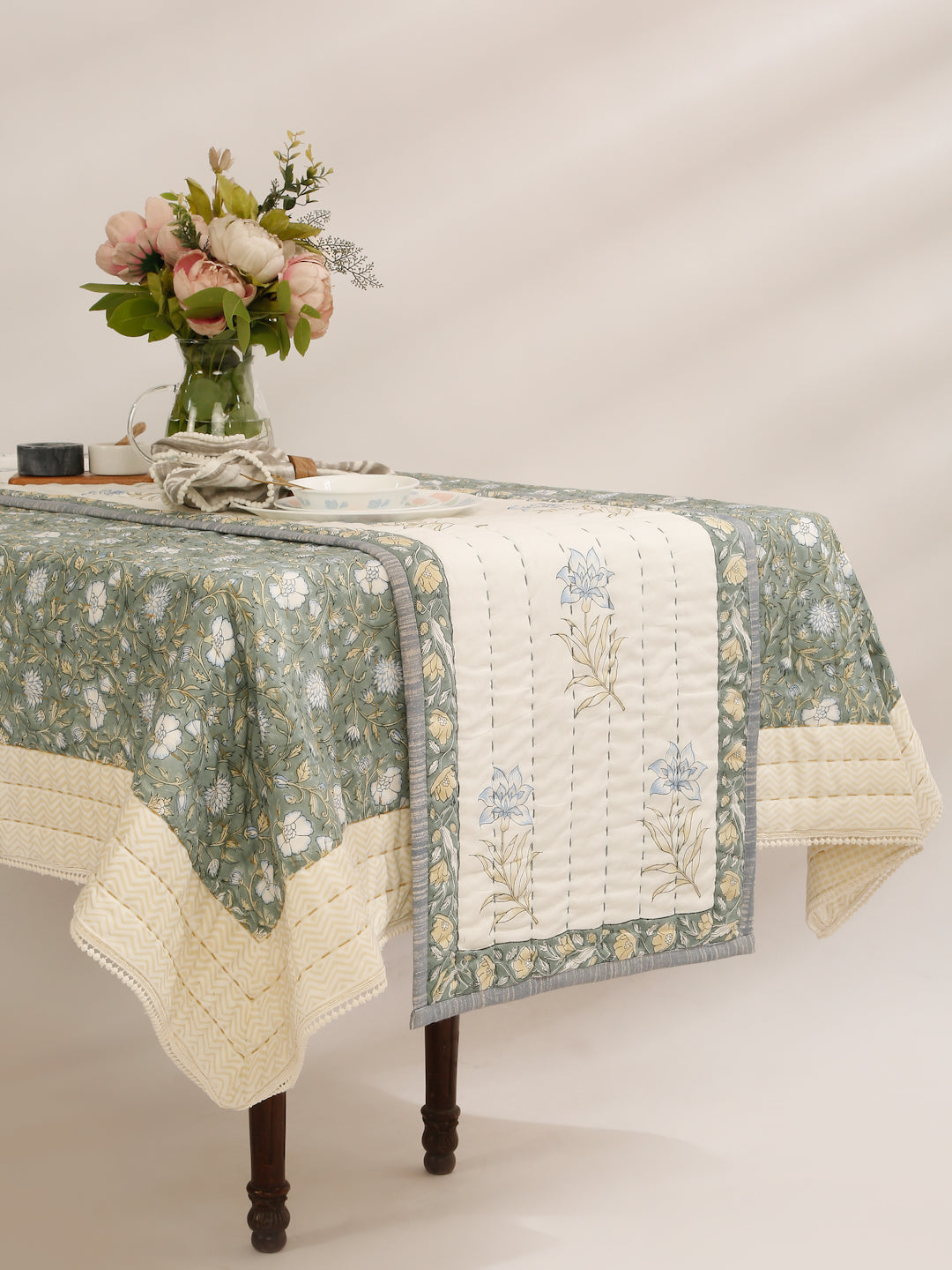 Floral Kantha Quilted Hand Block Printed Table Runner