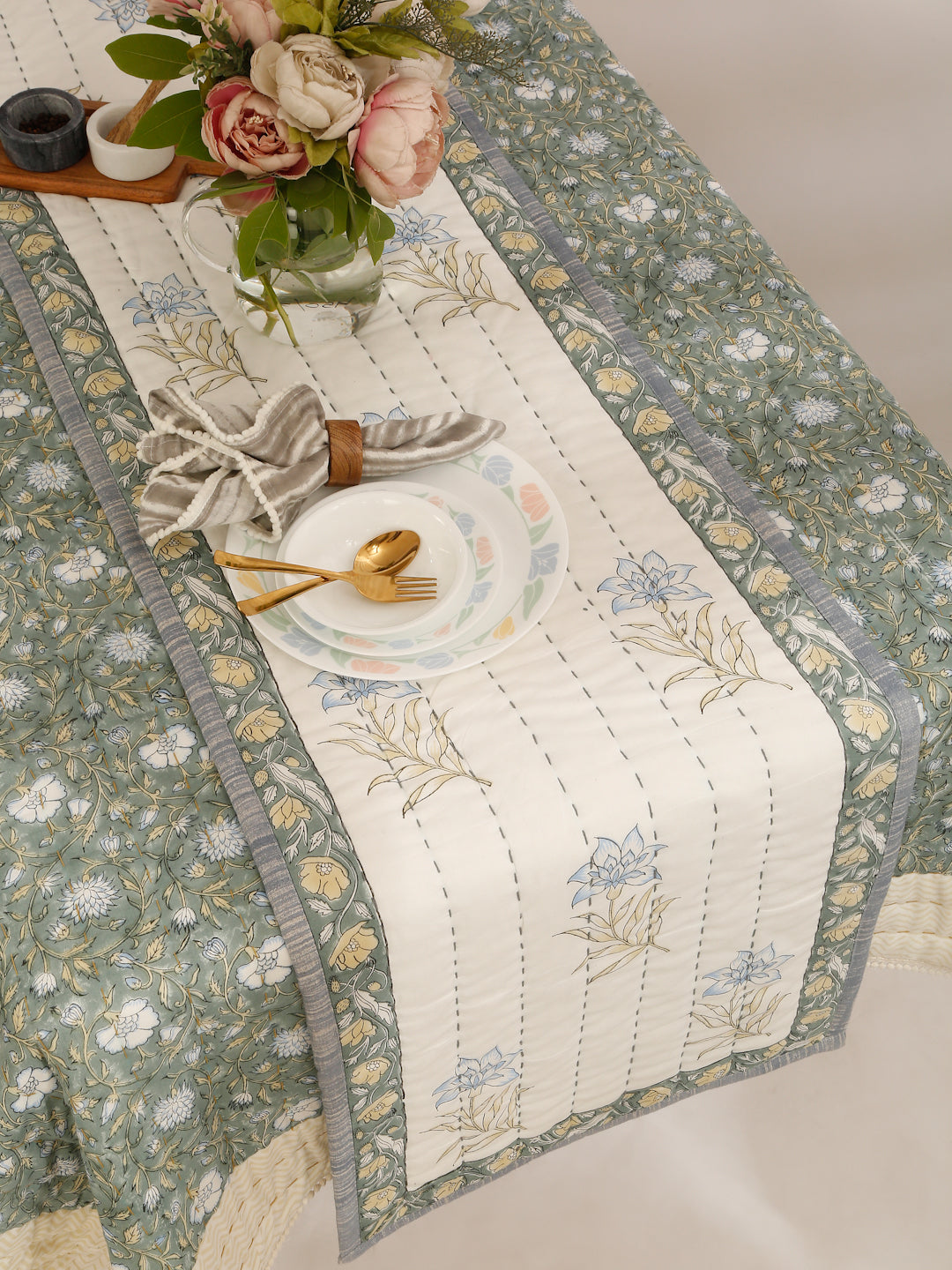 Floral Kantha Quilted Hand Block Printed Table Runner