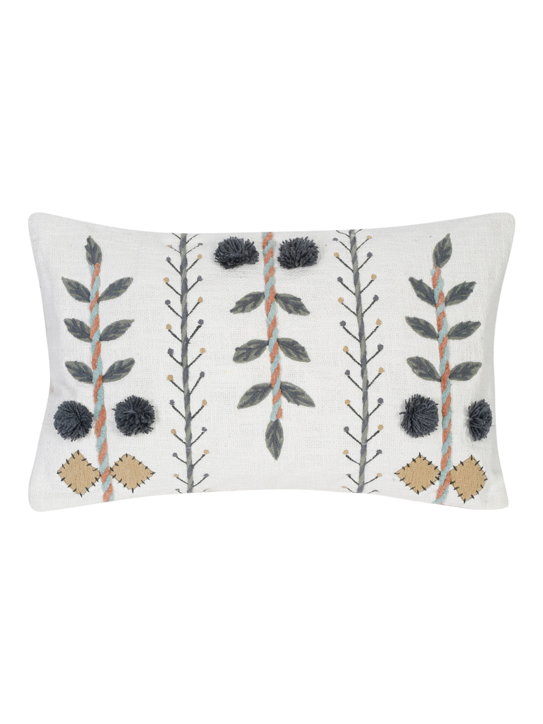 Hand embroidered cotton pillow cover 12 x 20 inch with floral vine design