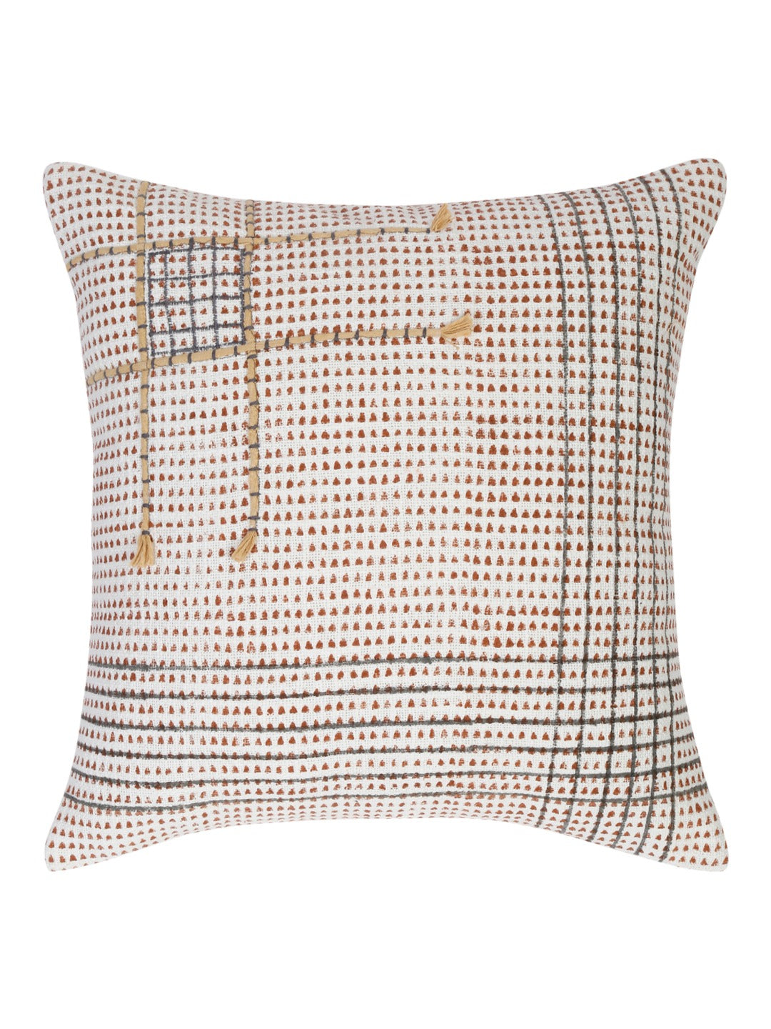 Front view of rust grid hand block printed cotton cushion cover