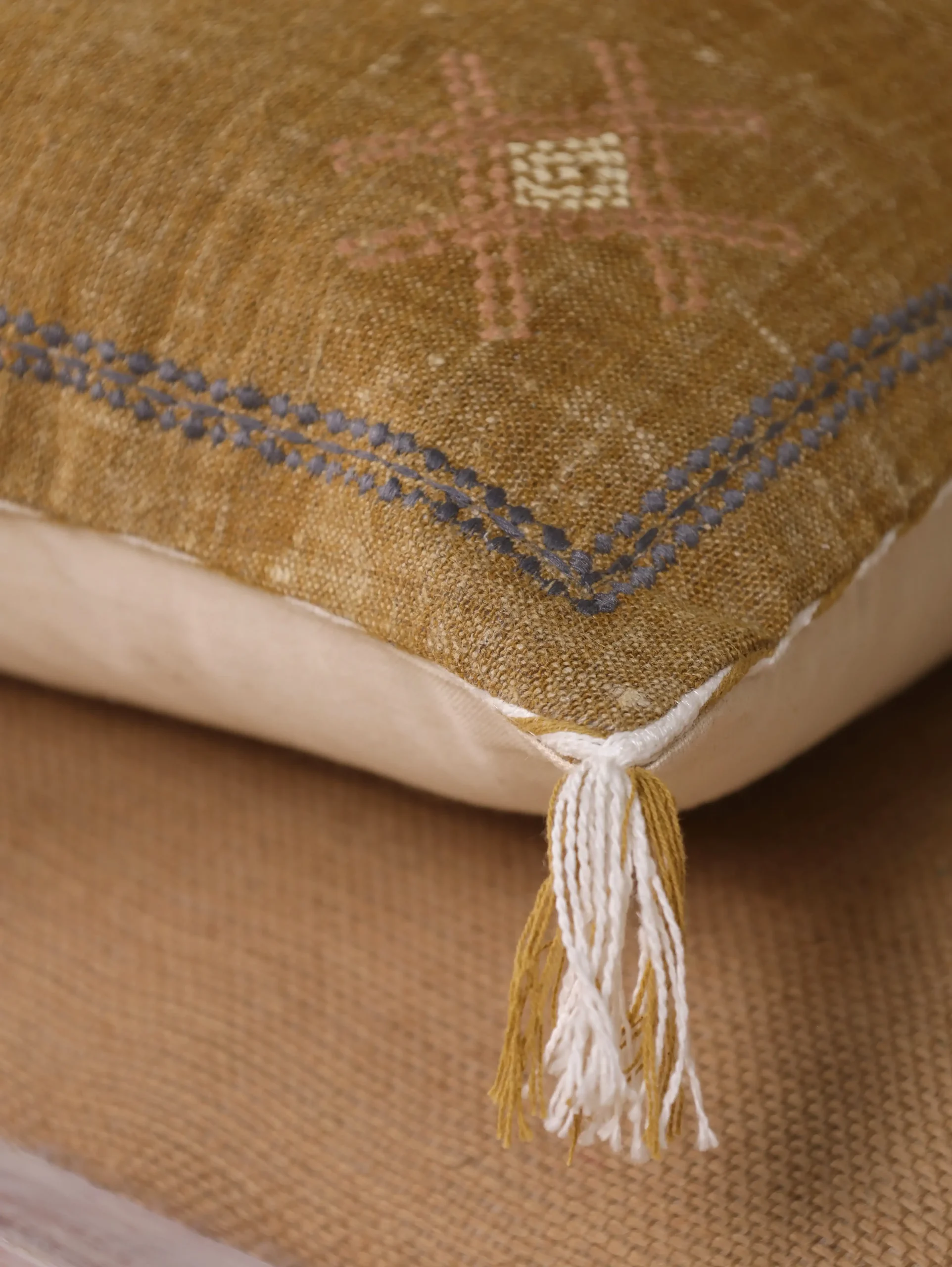 Cactus Silk Cushion Cover in Mustard Yellow | Hand Embroidered Linen Cactus Silk Pillow Cover