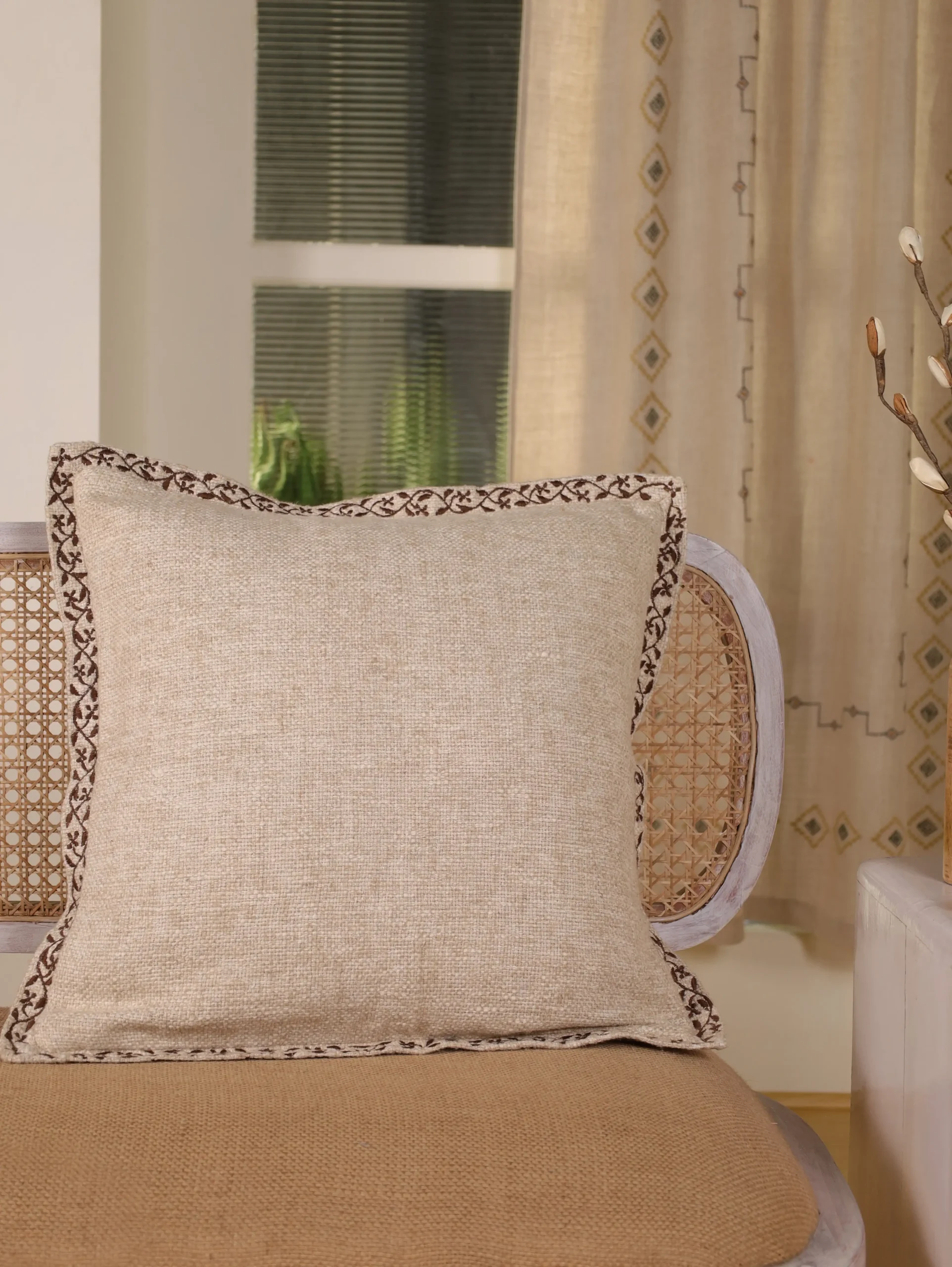 Linen Cushion Cover with Embroidered Edges in Beige | 20×20 Hand Embroidered Floral Pillow Cover for Home Decor