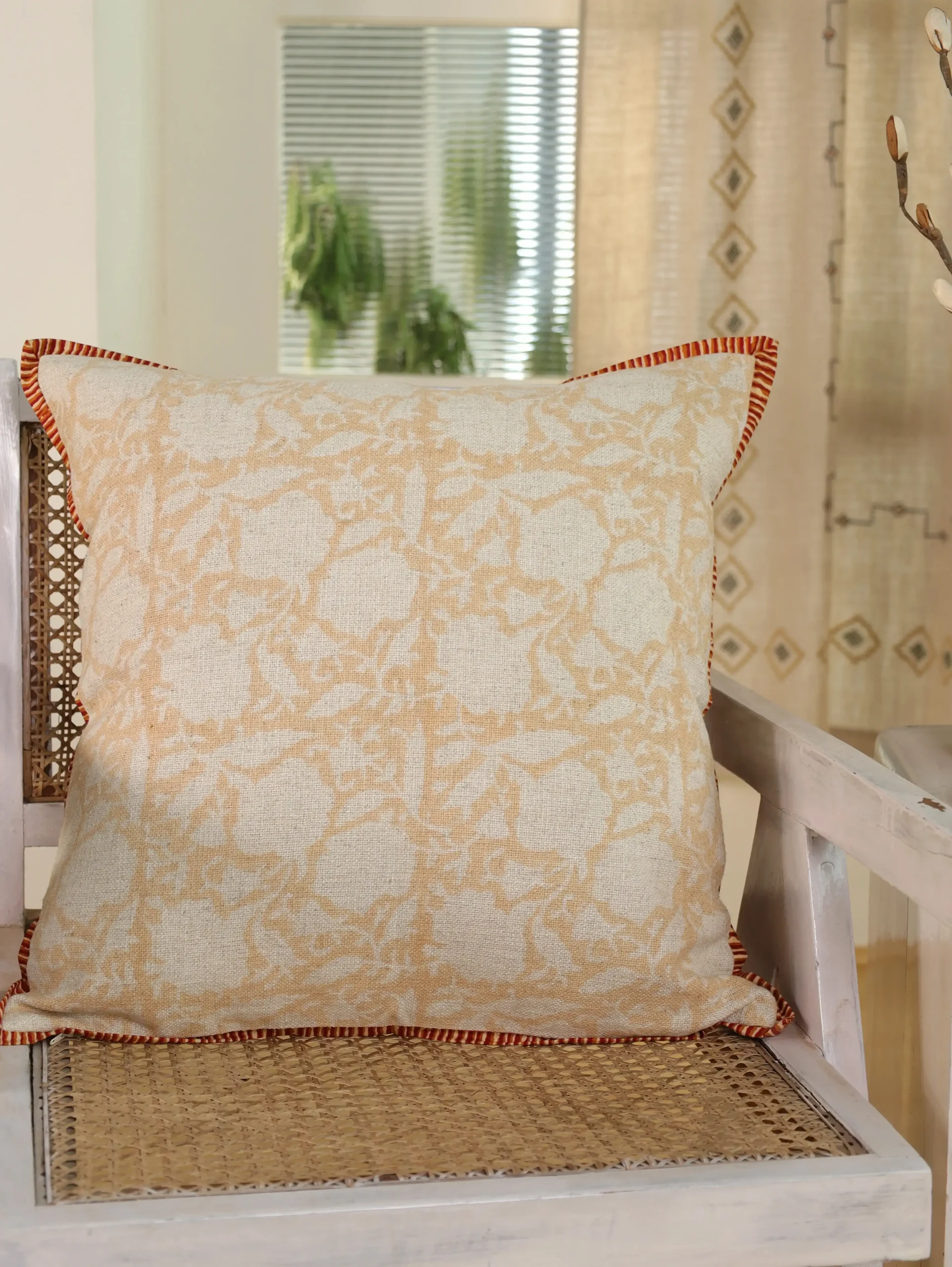 Apricot Floral Linen Cushion Cover | Hand Block Print Cushion Cover 20×20 | Indian Handmade Linen Cushion Covers