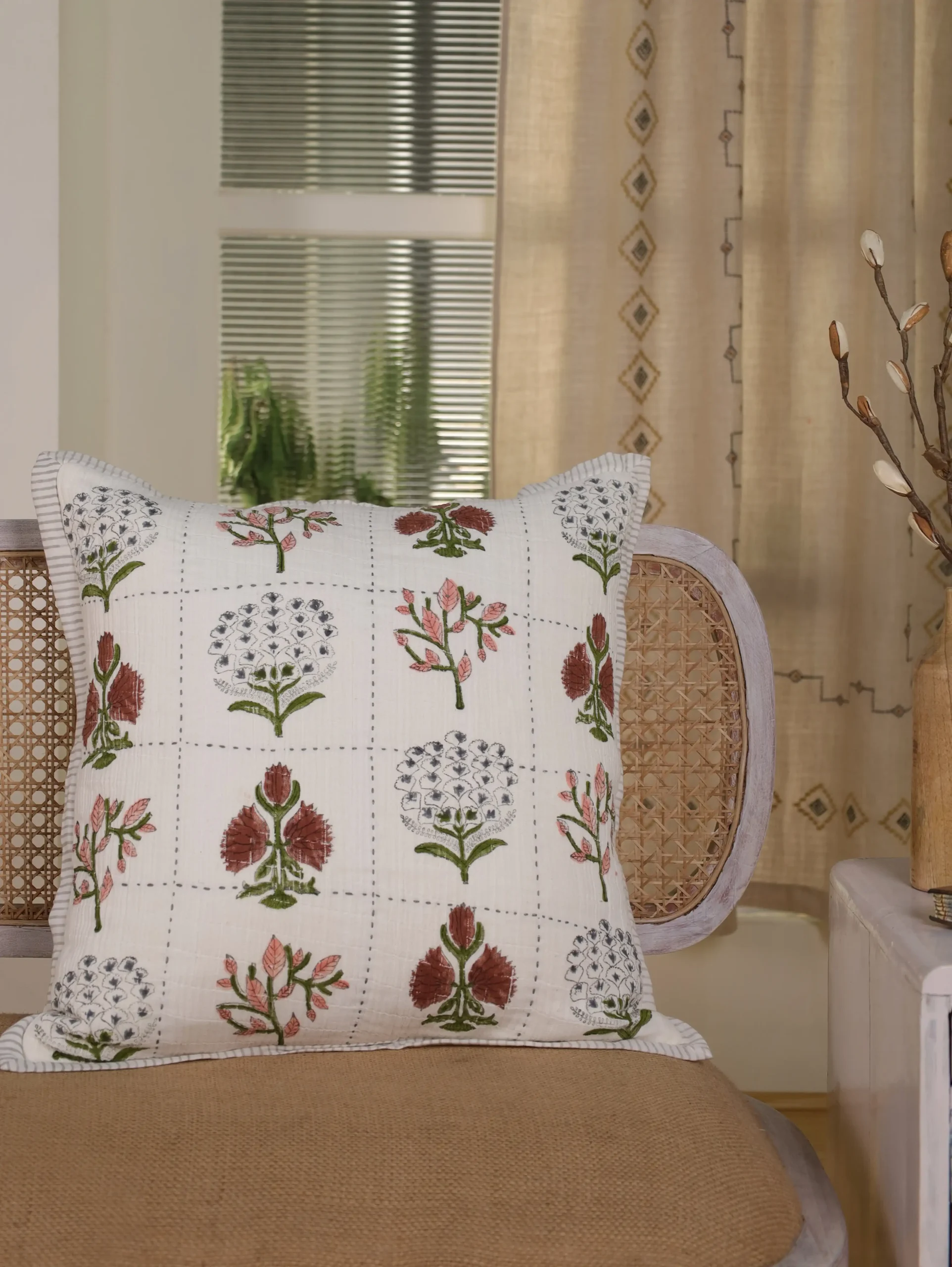 Floral Hand Block Printed Kantha Cushion Cover | Reversible Cotton Printed Pillow Cover