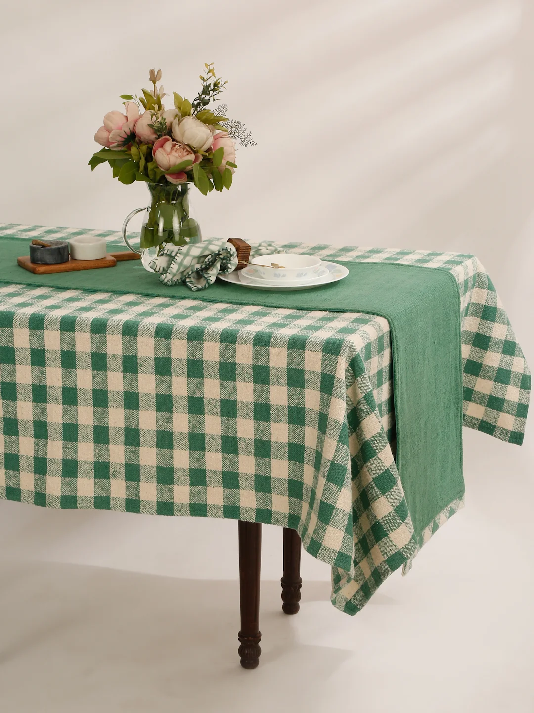 Green Checkered Cotton Tablecloth | 52×70 Fall Dining Cloth | Handloom Woven Table Cover