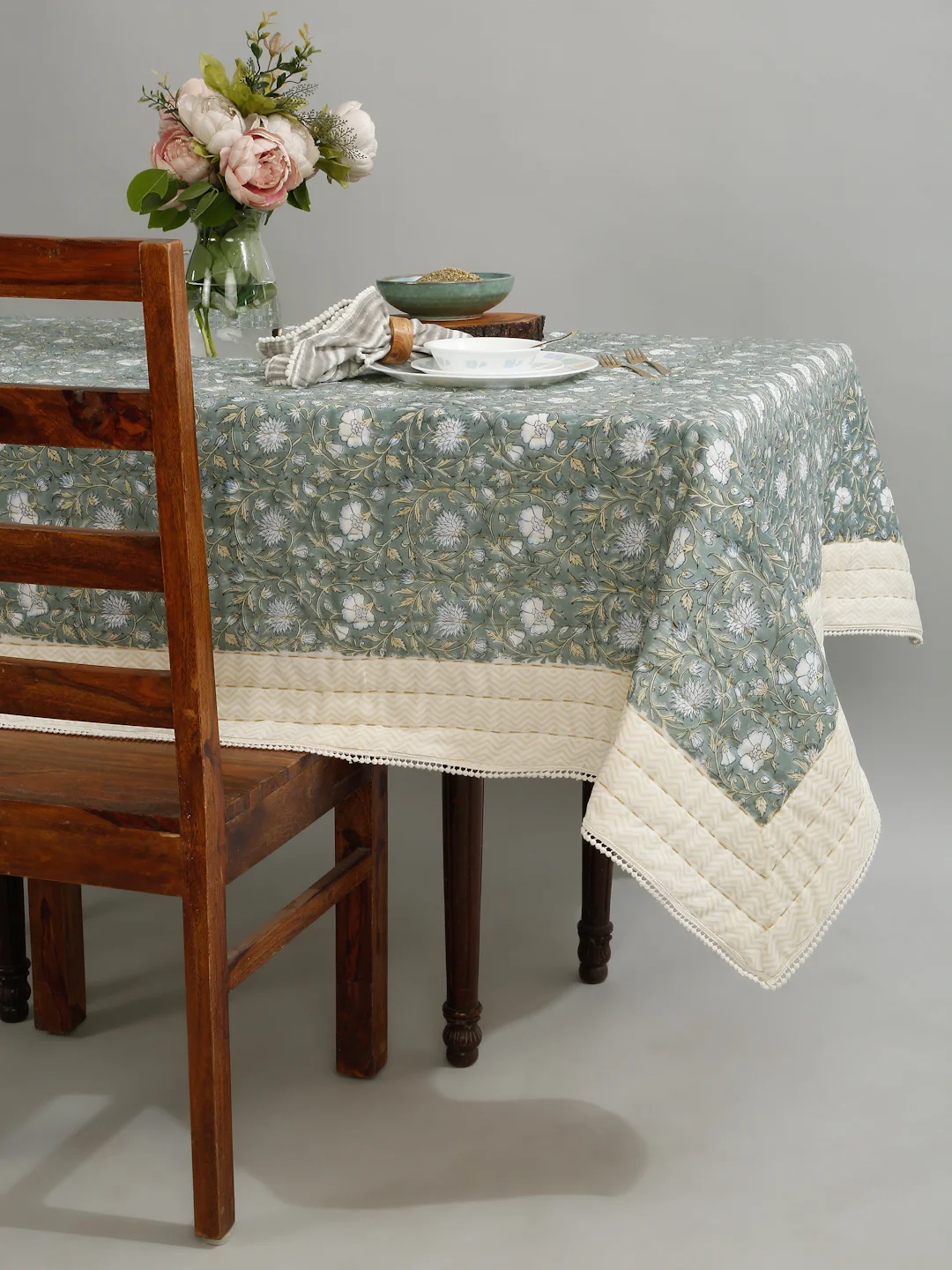 Gray Floral Block Printed Cotton Tablecloth | 52×70 Kantha Quilted Handmade Dining Table Cover