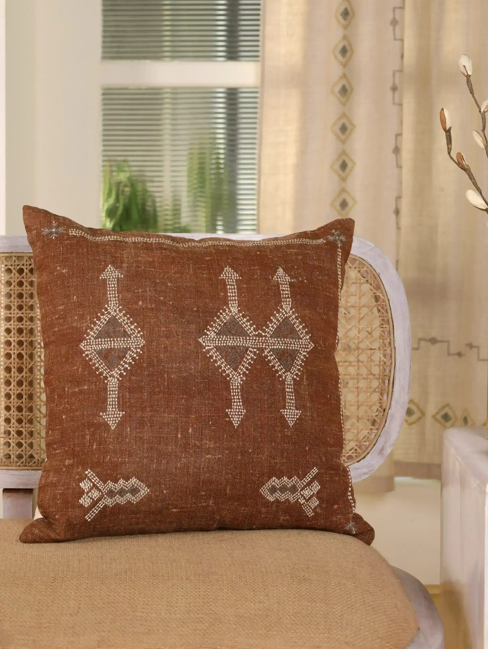 Hand Embroidered Boho Linen Cushion Cover in Dark Tan | Hand Embroidered Cushion Cover