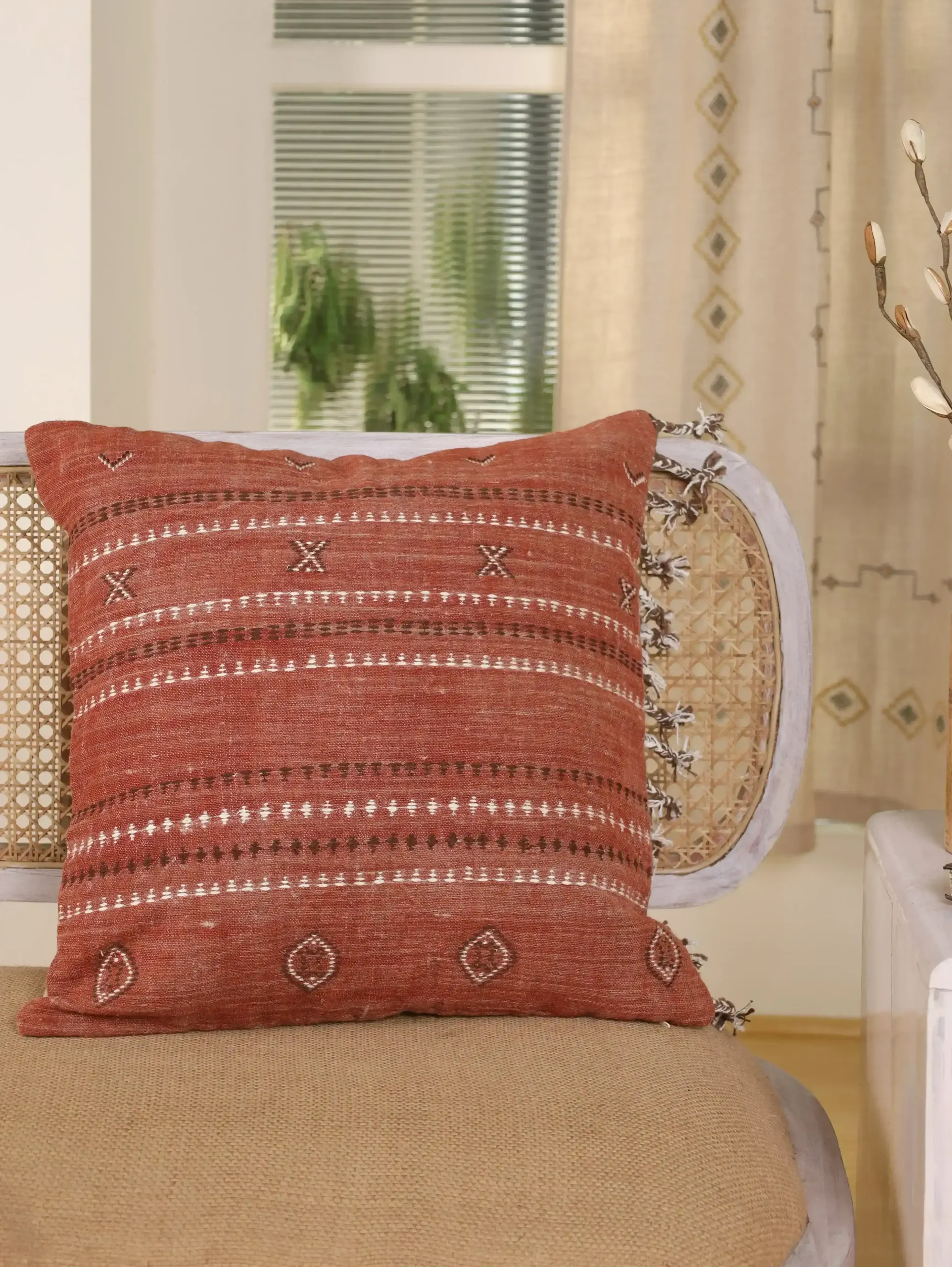 Rust Hand Embroidered Bhujodi Cushion Cover in Rust | 20×20 Linen Cushion Cover