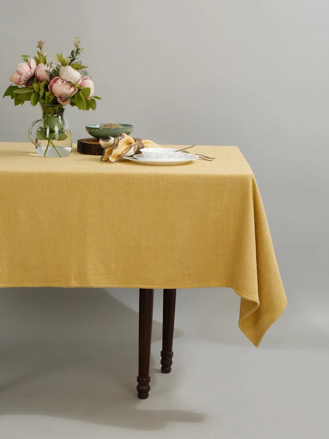 Butter Yellow Cotton Tablecloth | 52×70 Handloom Woven Dining Table Cover | Soft Boucle Indian Table Linen | Handmade Gift for Her