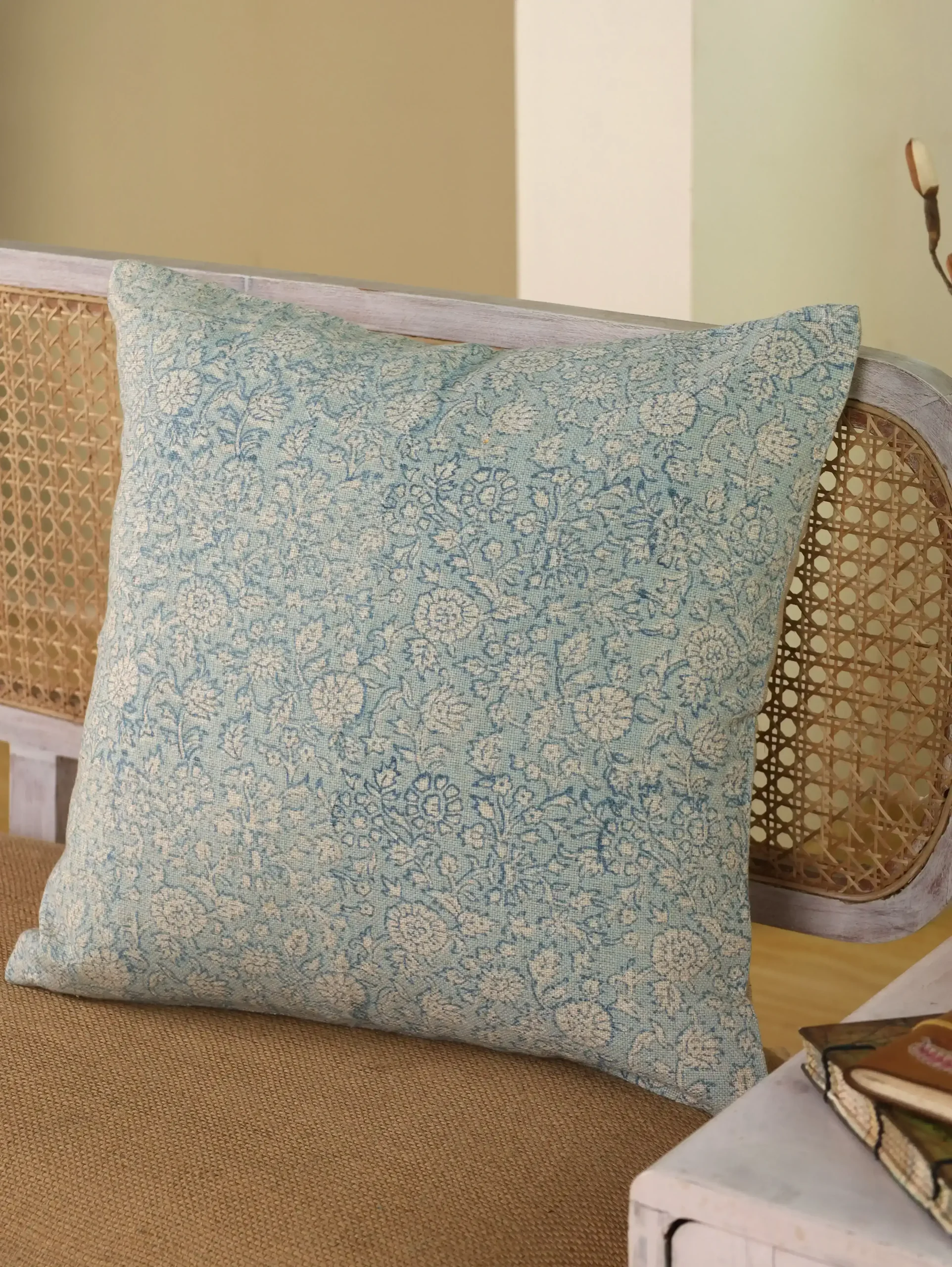 Blue Floral Linen Pillow Cover 20×20 | Hand Block Printed  Floral Cushion Cover | Artisan Boho Pillow Case for Living Room or Bedroom Decor