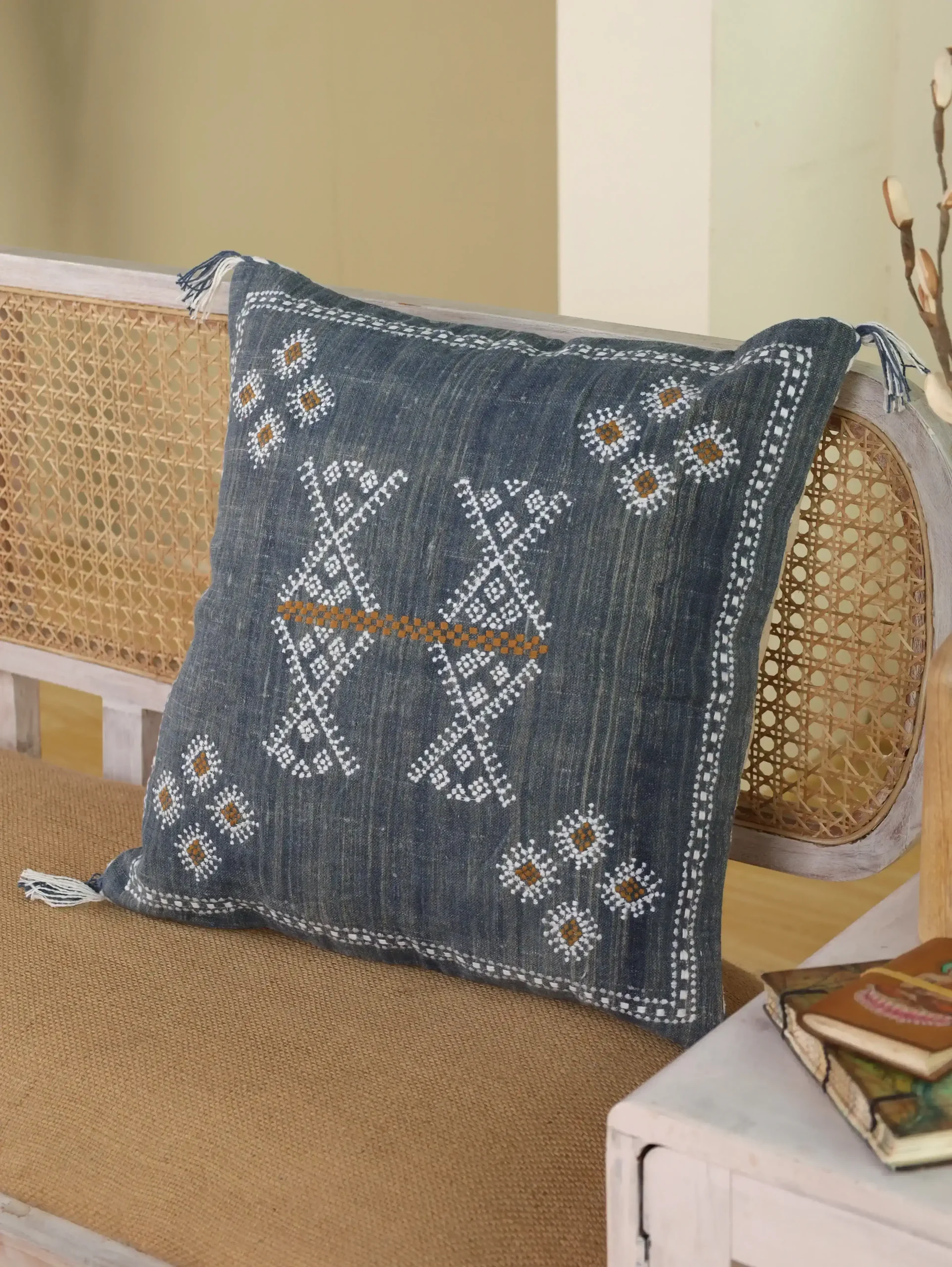Blue Sabra Silk Inspired Linen Pillow Cover 20×20 | Hand Embroidered Moroccan Style Cushion Cover