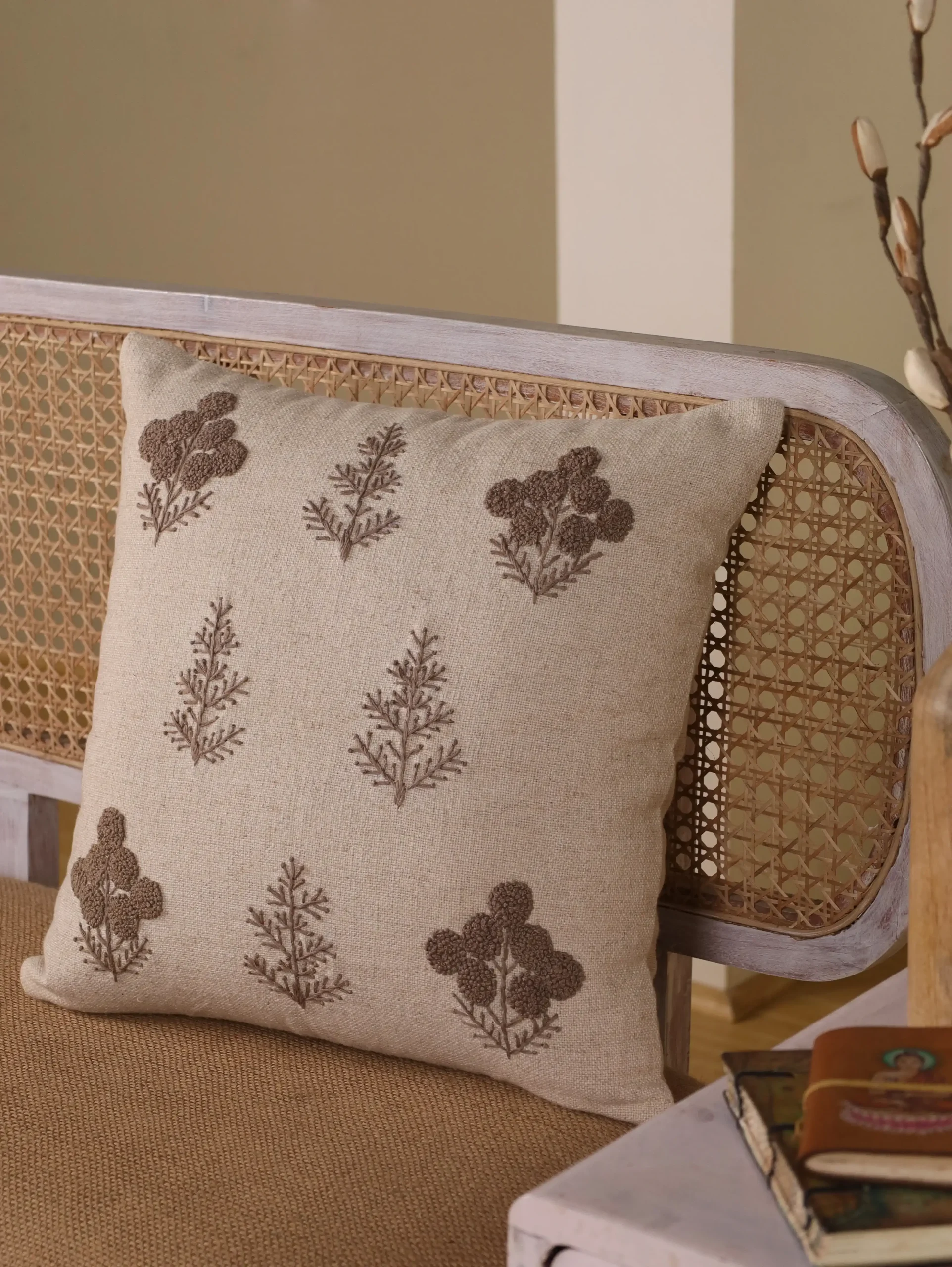 Floral French Knotted Linen Cushion Cover in Beige | 20×20 Embroidered Throw Pillow for Modern Homes