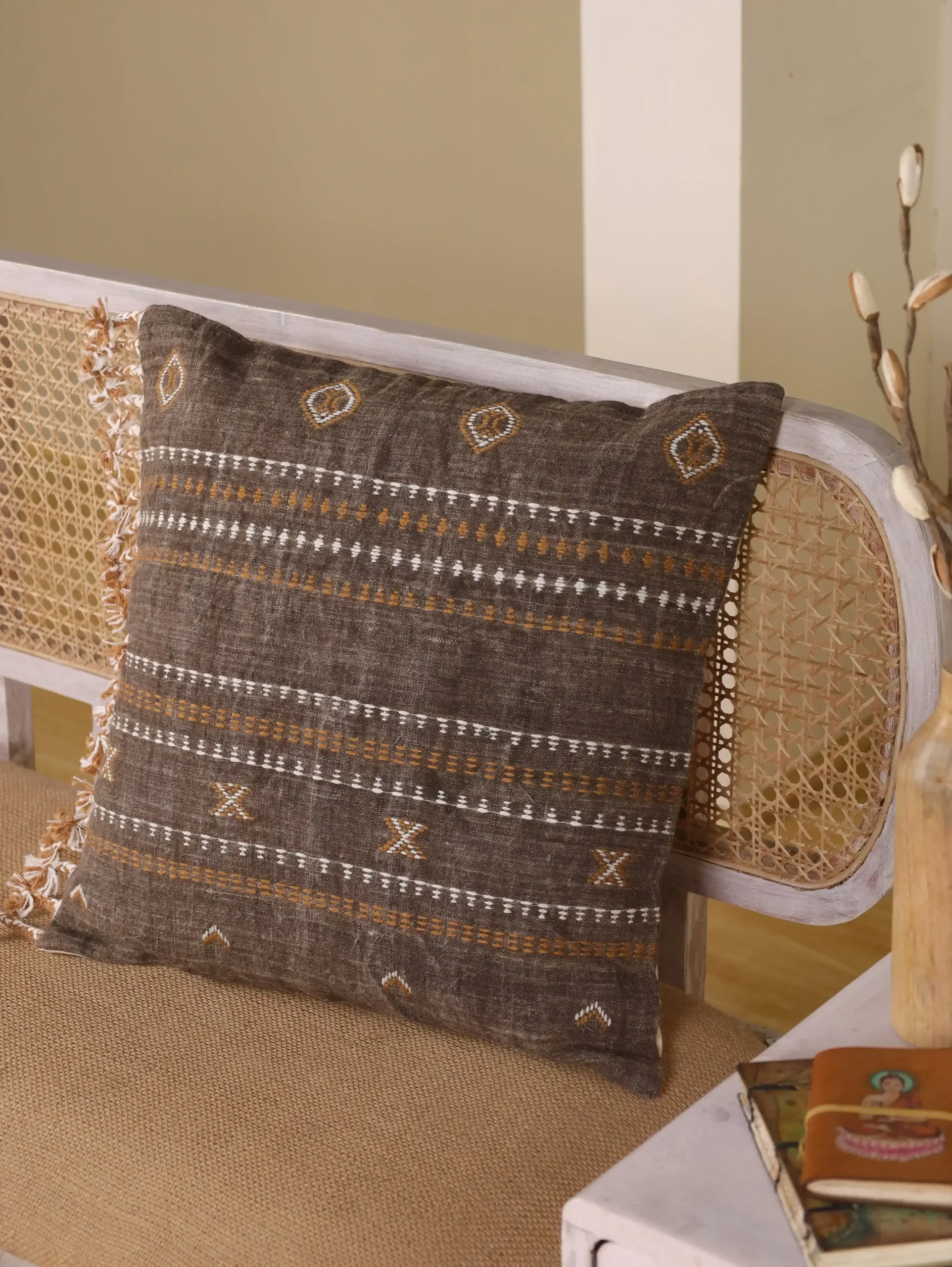 Hand Embroidered Bhujodi Linen Cushion Cover in Earthy Brown | 20×20 Linen Pillow Cover