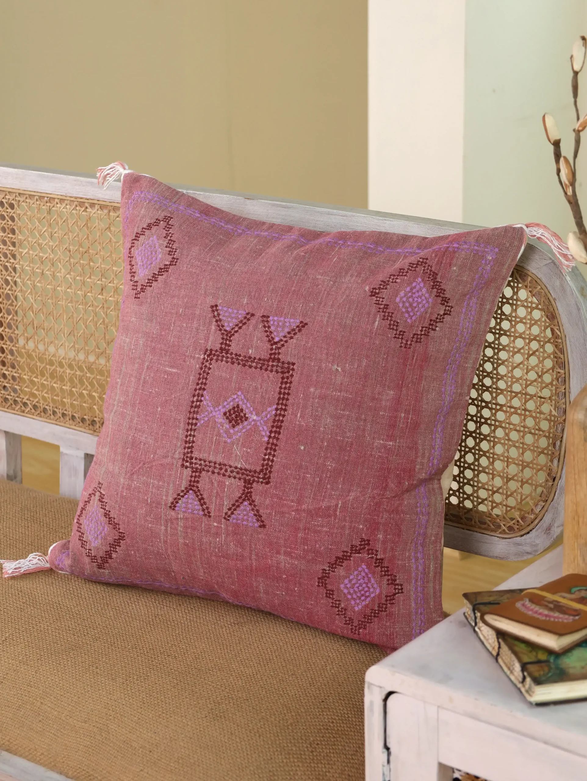 Hand Embroidered Pink Boho Linen Pillow Cover | 20×20 Decorative Cushion for Home Decor