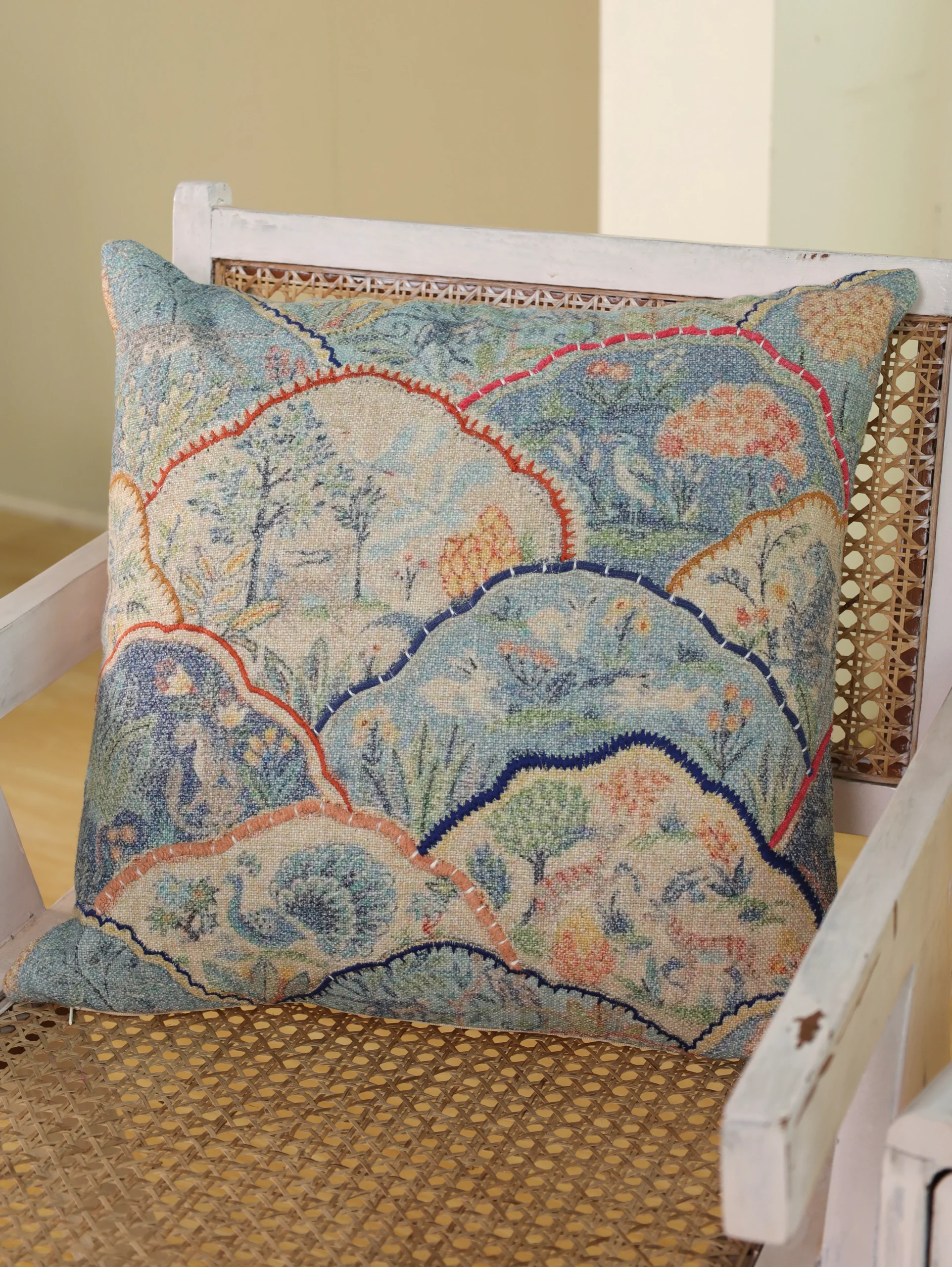 Japanese Garden Printed Linen Cushion Cover with Embroidery | 18×18 Boho Japandi Decorative Pillow