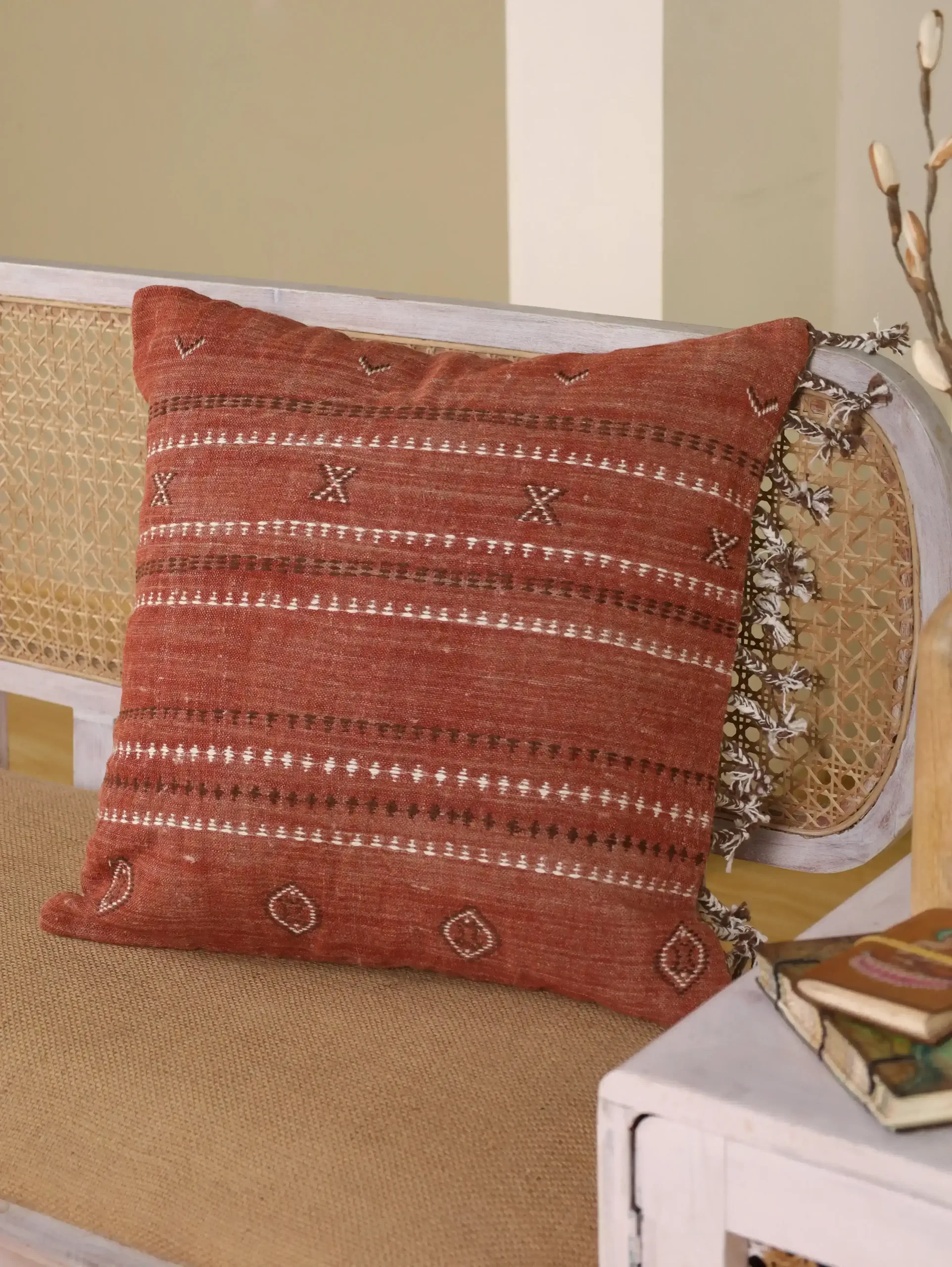 Rust Hand Embroidered Bhujodi Cushion Cover in Rust | 20×20 Linen Cushion Cover