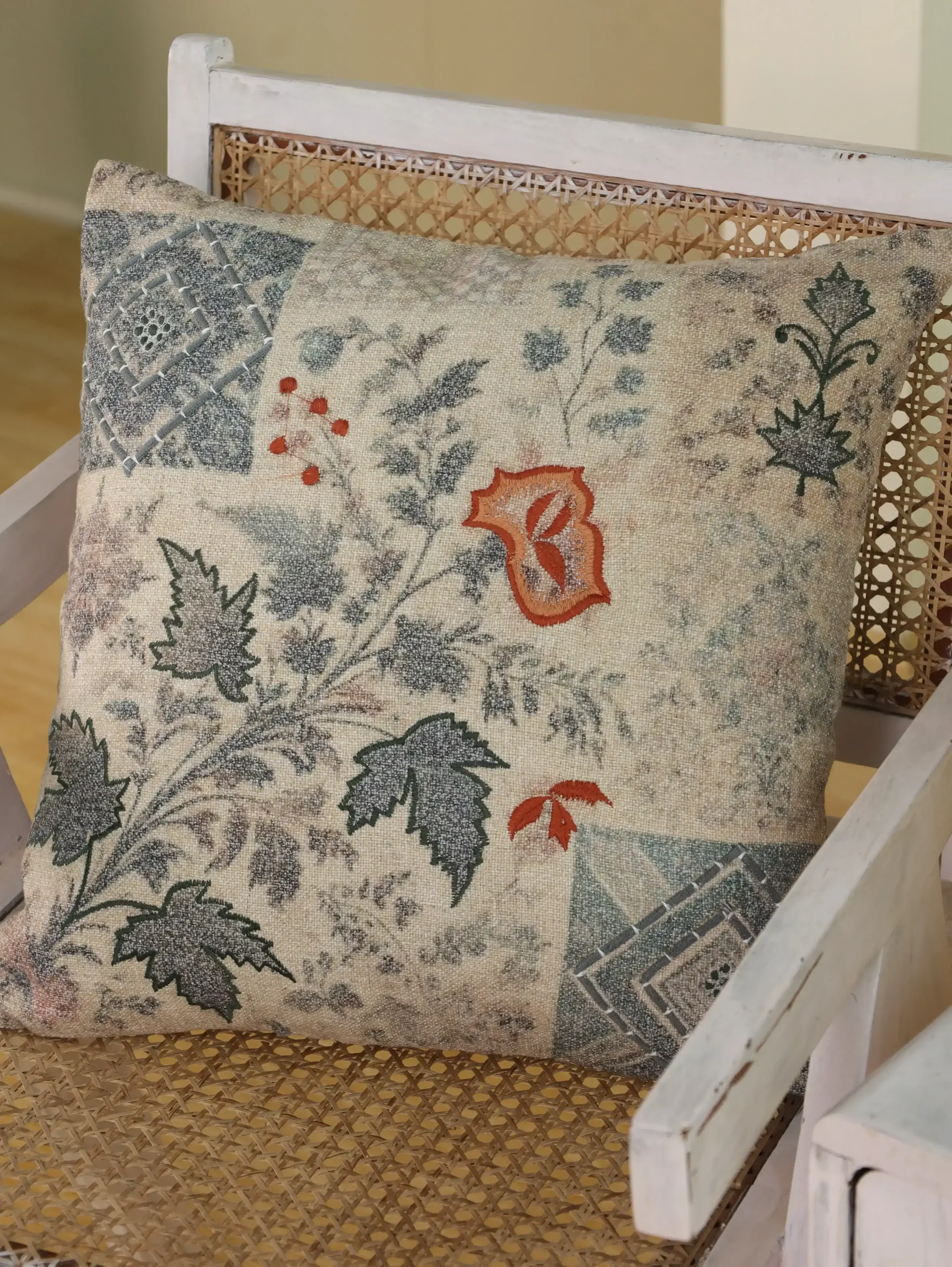 Embroidered Cushion Cover 20×20 | Vintage Linen Block Printed Pillow Cover | Handmade Linen Pillow Covers