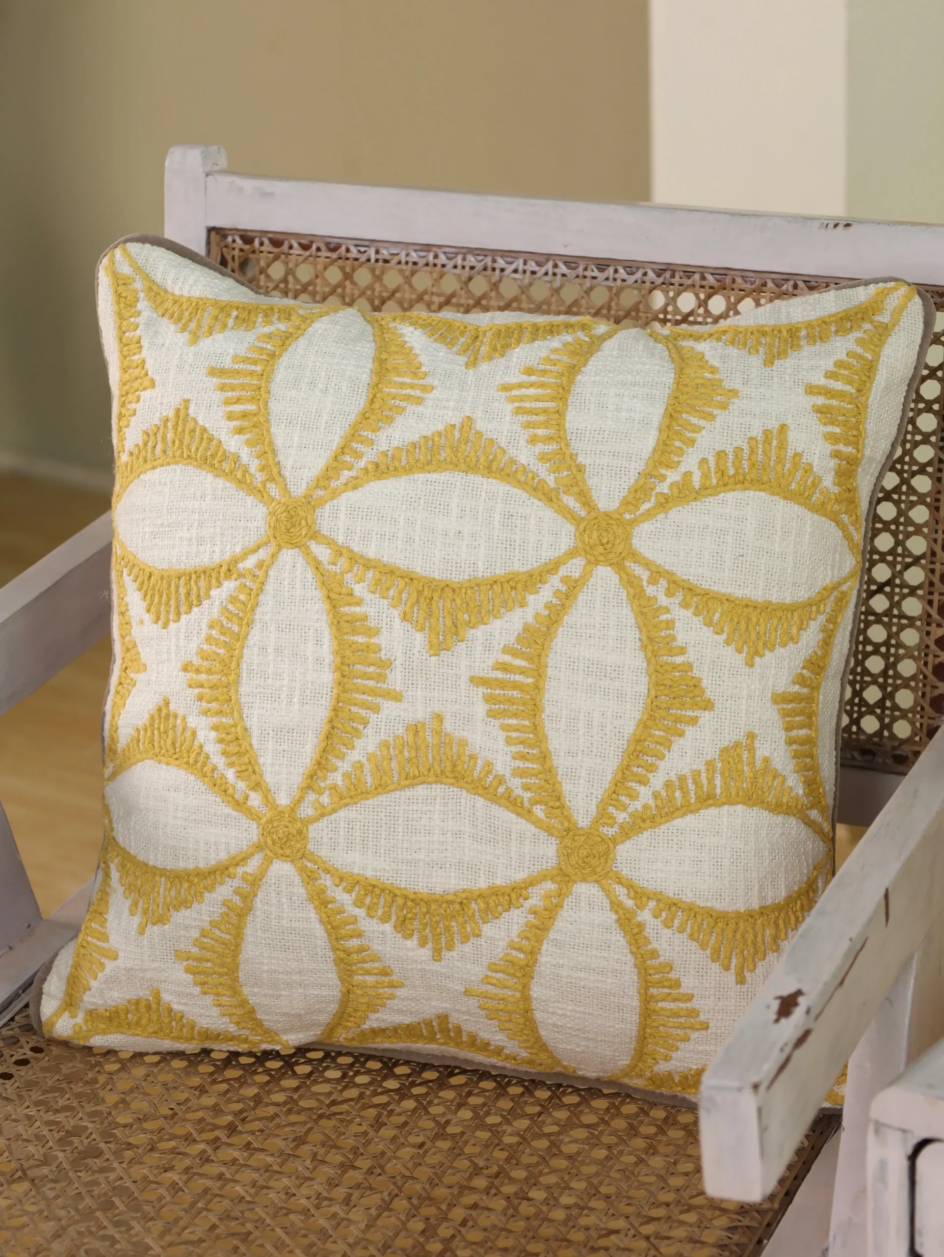 Yellow Cord Embroidered Cushion Cover | 20×20 Decorative Cotton Pillow Cover | Yellow Embroidered Cushion Covers India