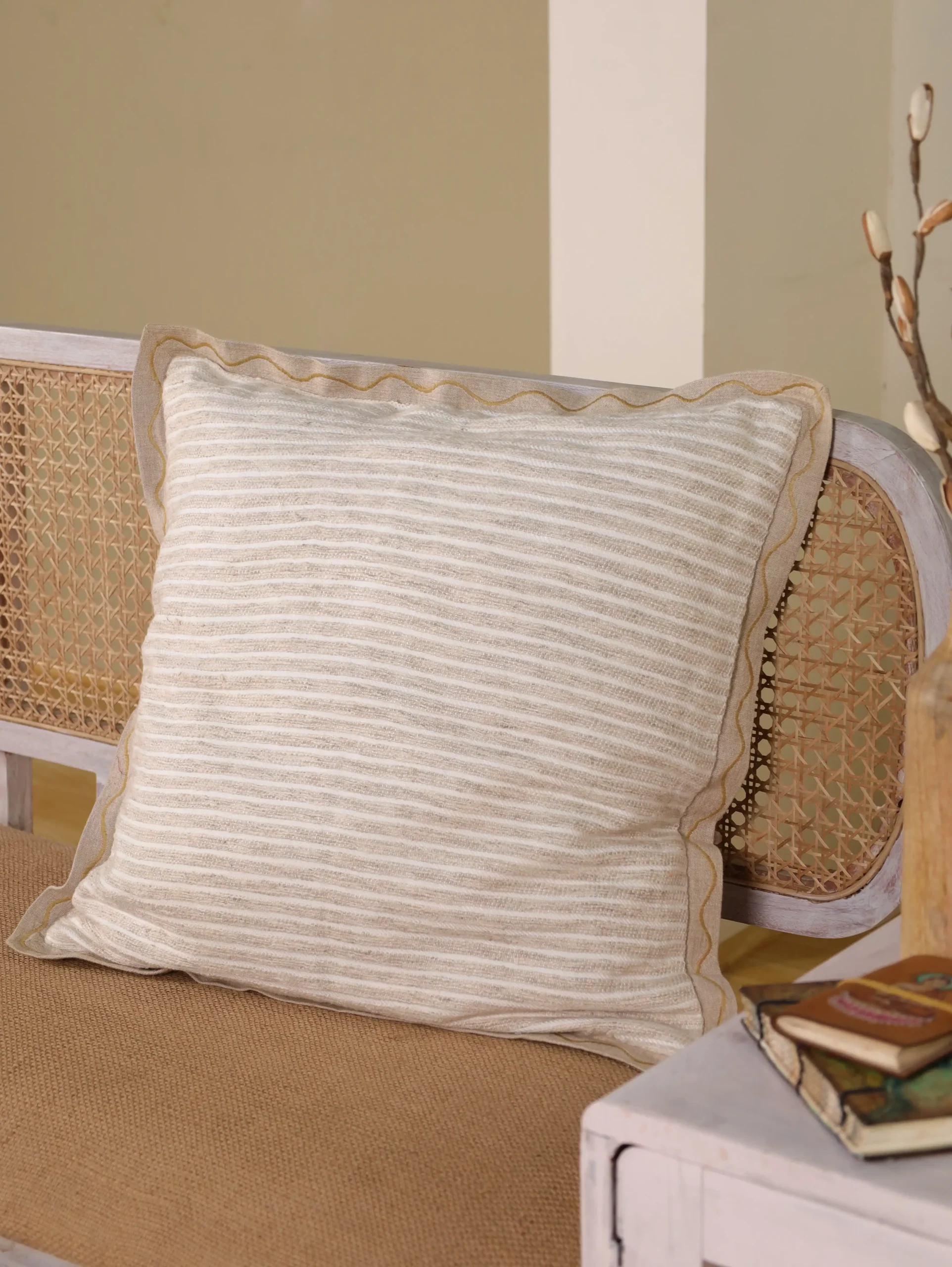Striped Linen Cushion Cover 20×20 | Handloom Cushion Cover with Scallop Edges | Natural Linen Cushion Cover