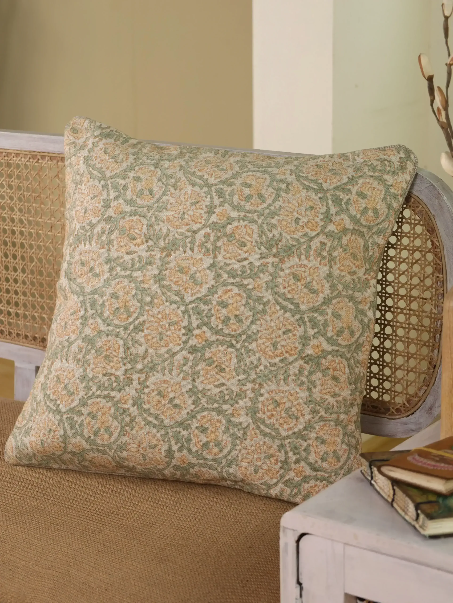 Linen Floral Cushion Cover | 20x 20 Hand Block Print Pillow Cover in Rust & Green