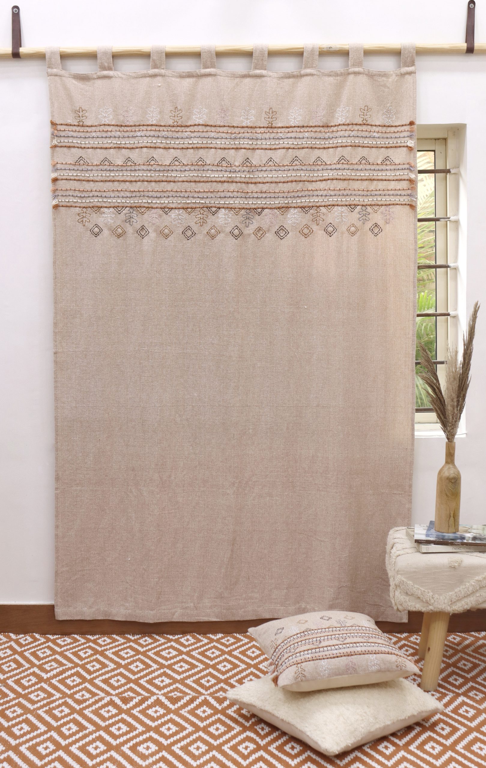 Boho Hand Embroidered Curtain | Rust Cotton Linen Curtain Panel | Floral Embroidery Curtains for Living Room & Bedroom