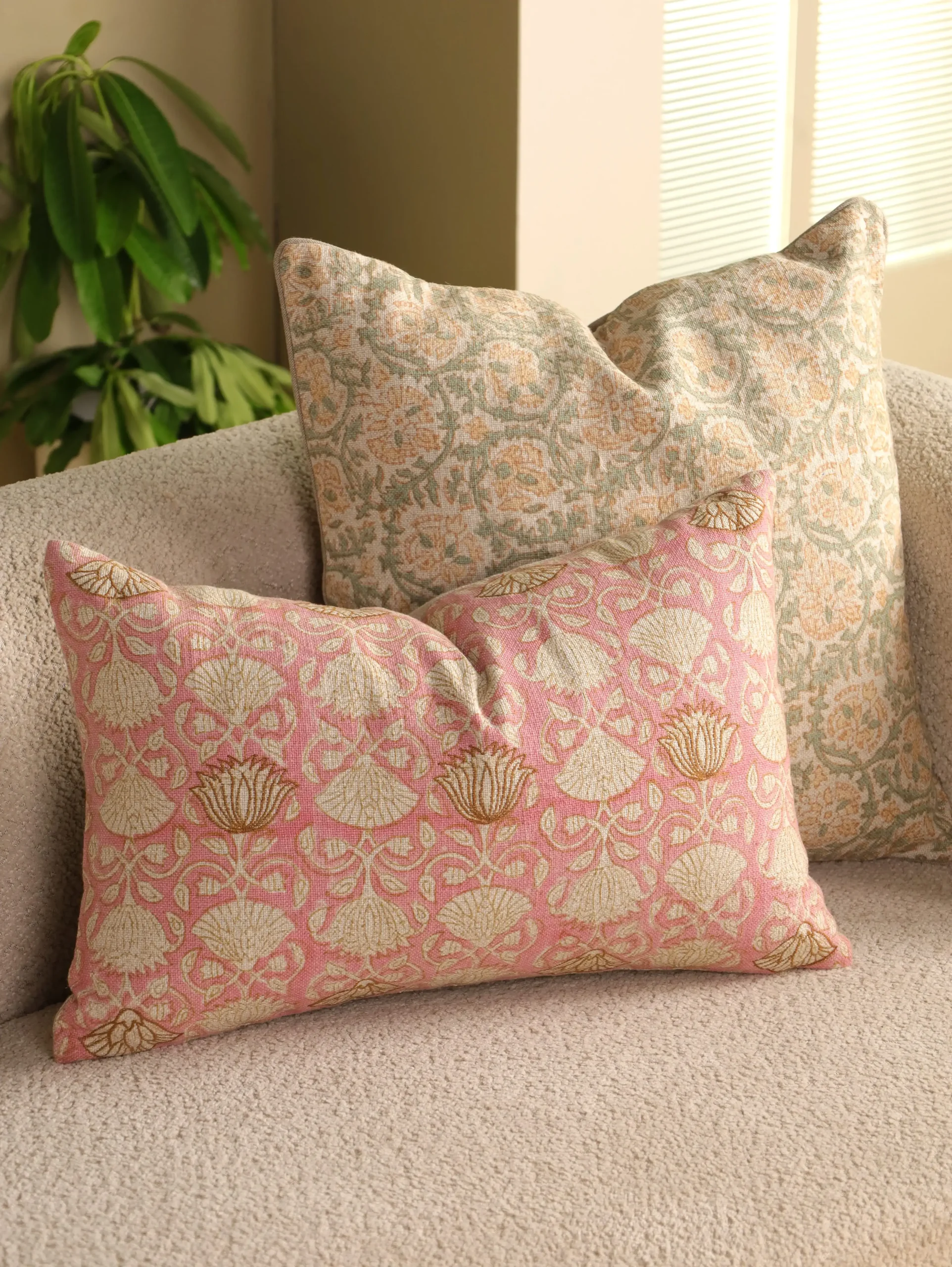 Floral Block Printed Linen Cushion Cover Combo | 20×20 & 14×22 | Hand Embroidered Boho Floral Pillow Cover Set