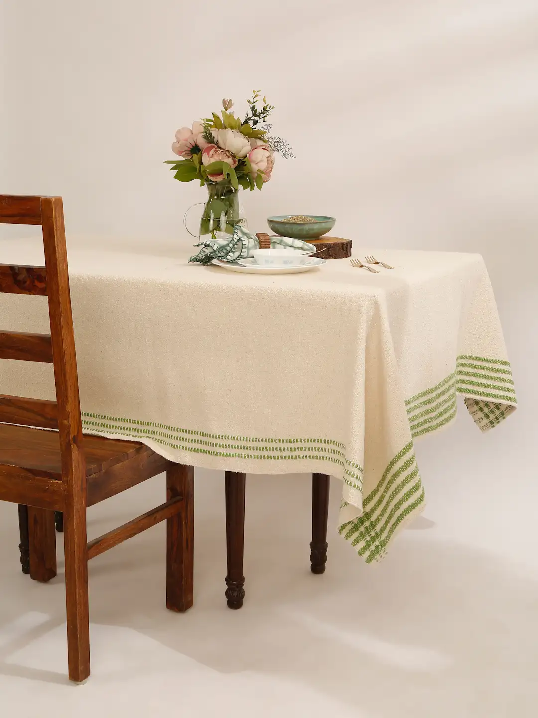 Handloom Cotton Boucle Tablecloth | 52×70 Rectangle Table Cover | Natural & Red Table Linen | Soft Textured Dining Decor