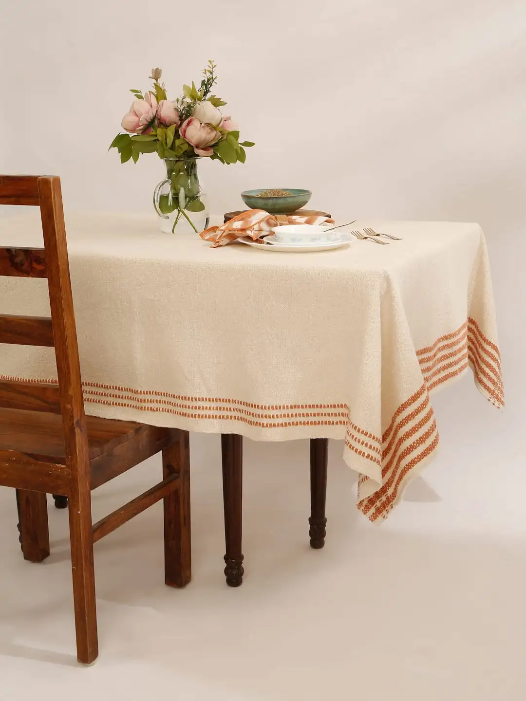 Handloom Cotton Boucle Tablecloth | 52×70 Rectangle Table Cover | Natural & Red Table Linen | Soft Textured Dining Decor