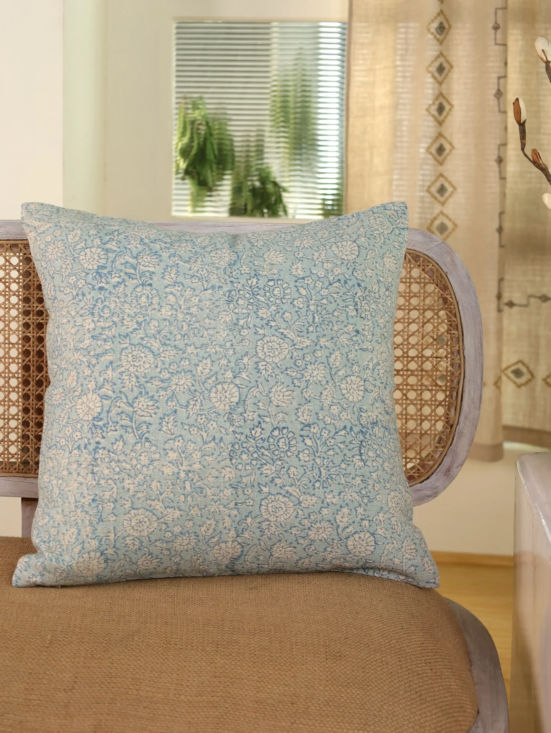 Floral & Boho Linen Cushion Cover Combo | Hand Block Printed & Embroidered Cushion Covers | 20×20 & 14×22 Floral Pillow Cover Set