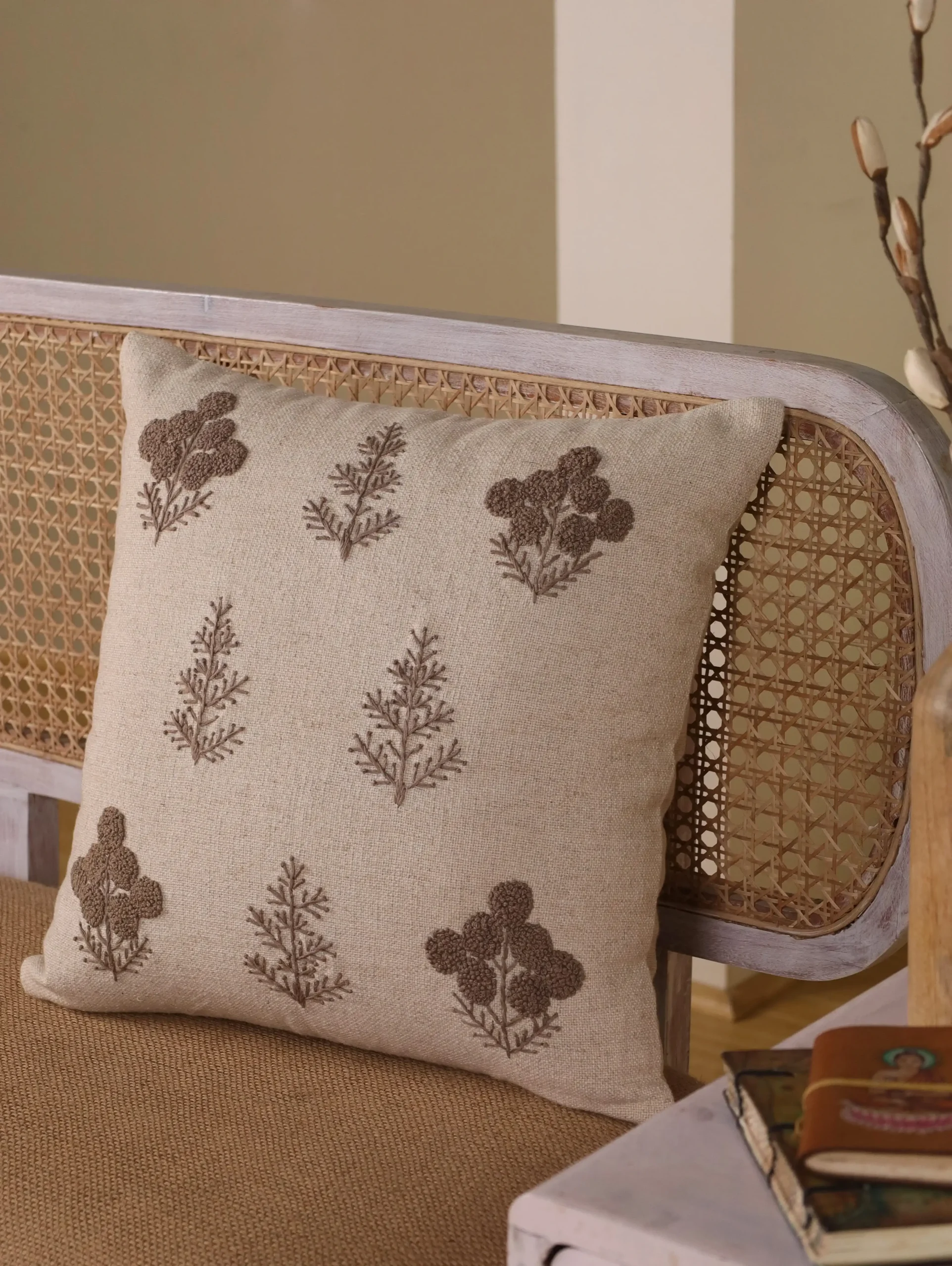 French Knotted Floral & Embroidered Linen Cushion Covers | 20×20 Cushion Cover Combo Set | Handmade Pillow Cover Set