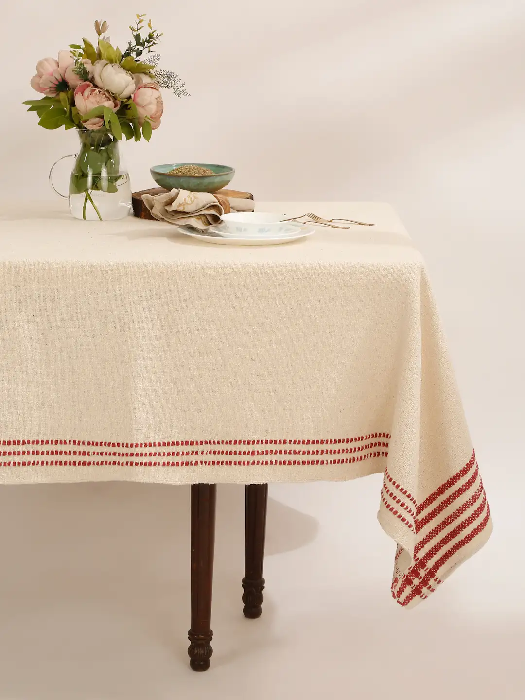 Handloom Cotton Boucle Tablecloth | 52×70 Rectangle Table Cover | Natural & Red Table Linen | Soft Textured Dining Decor