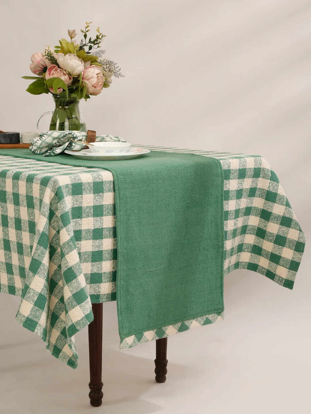 Handloom Weaved Cotton Boucle Green Table Runner | Check Woven Dining Room Decor | Handmade Long Farmhouse Table Accent
