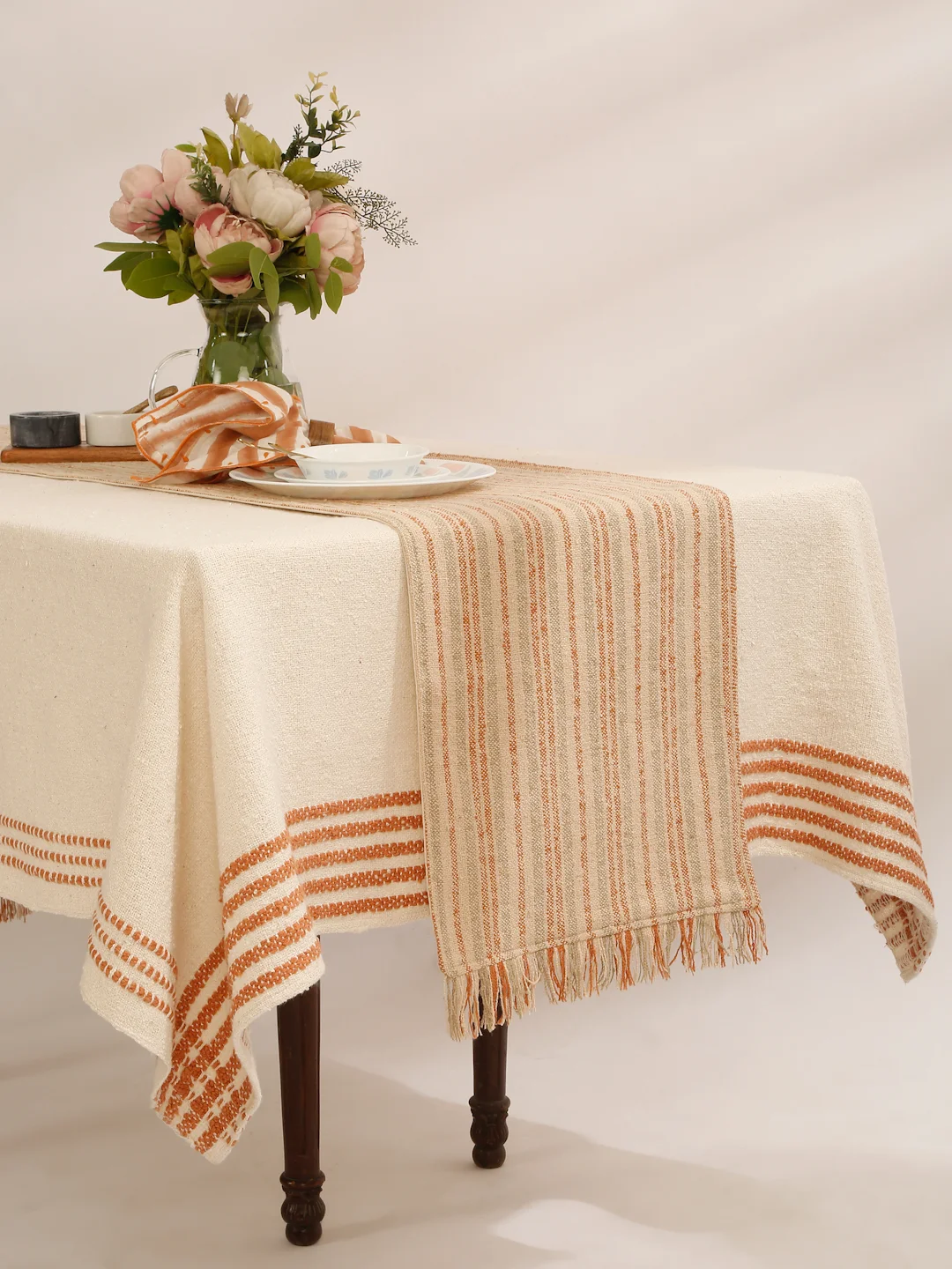 Pumpkin Cotton Boucle Fall Striped Table Runner | Handmade Handloom Weaved Autumn Decor