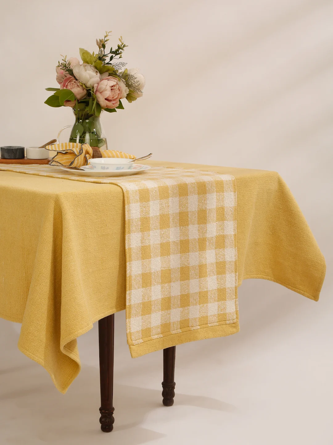 Handloom Weaved Cotton Boucle Yellow Table Runner | Mustard Check Woven Dining Decor | Handmade Boho Farmhouse Table Accent
