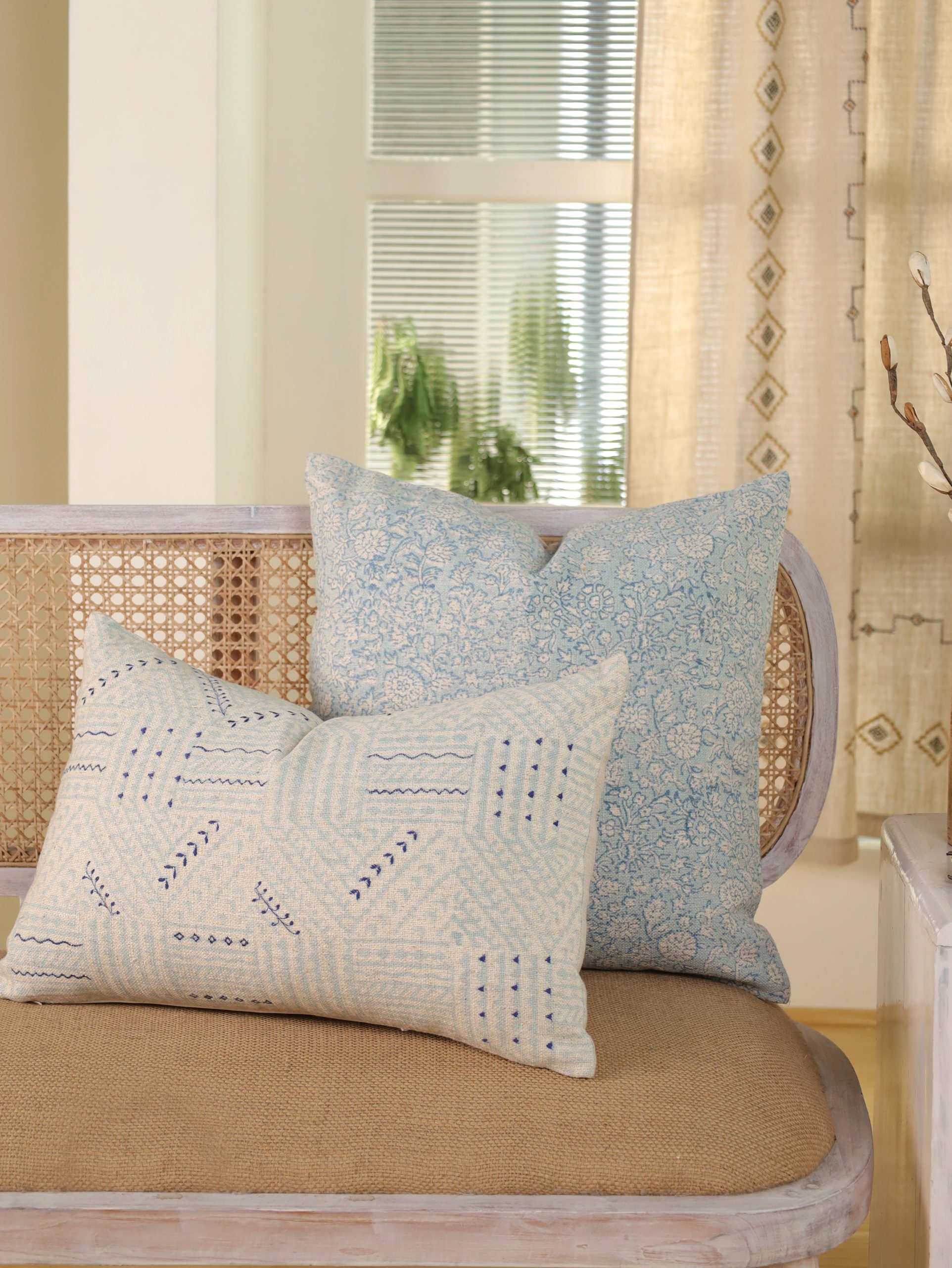 Floral & Boho Linen Cushion Cover Combo | Hand Block Printed & Embroidered Cushion Covers | 20×20 & 14×22 Floral Pillow Cover Set