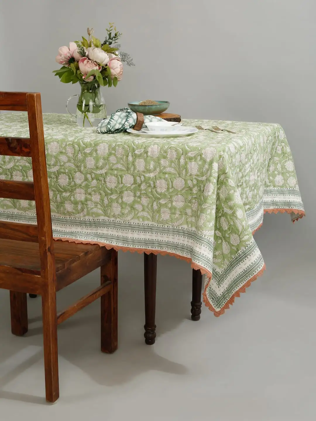 Green Floral Block Print Tablecloth with Kantha | 52×70 Cotton Table Cover | Handcrafted Rectangle Dining Decor