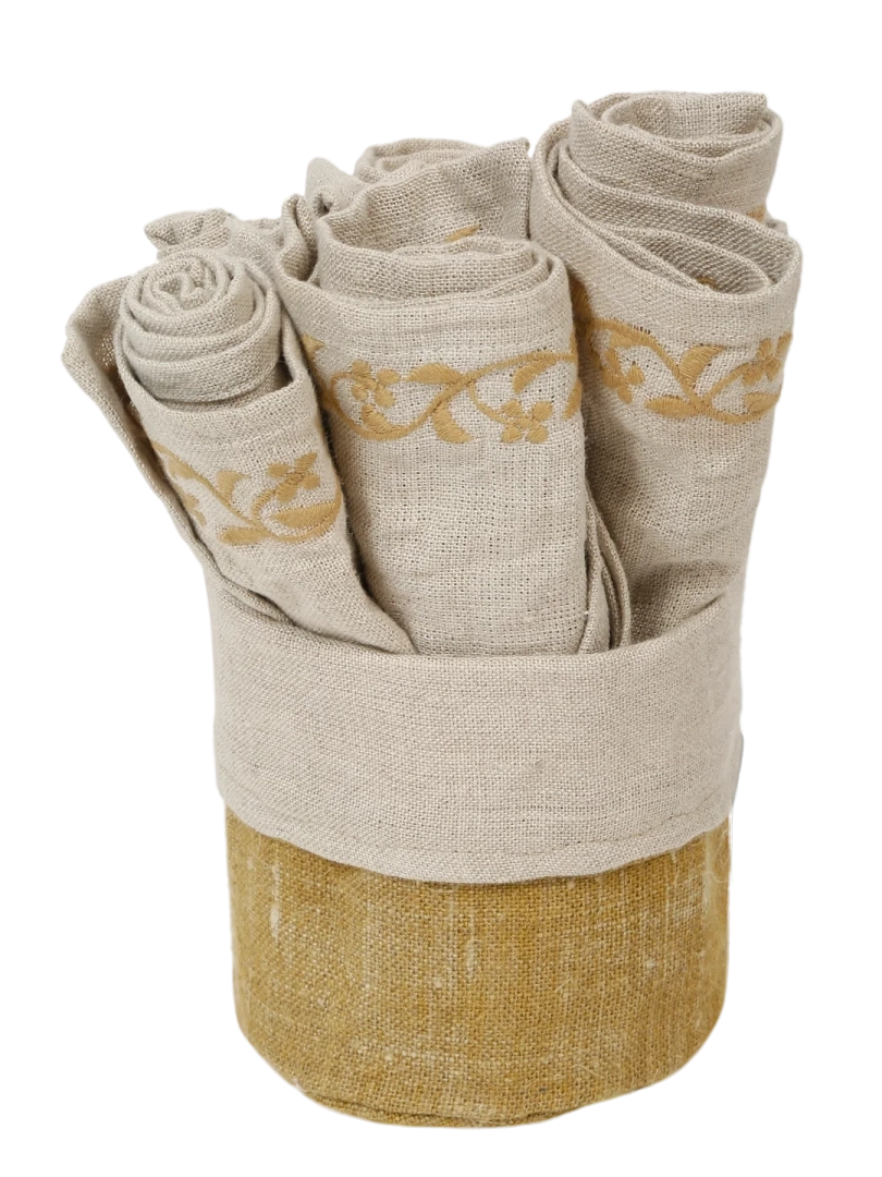 Natural Linen Napkin Set with Golden Embroidered Edges | Handmade Cloth Table Napkins