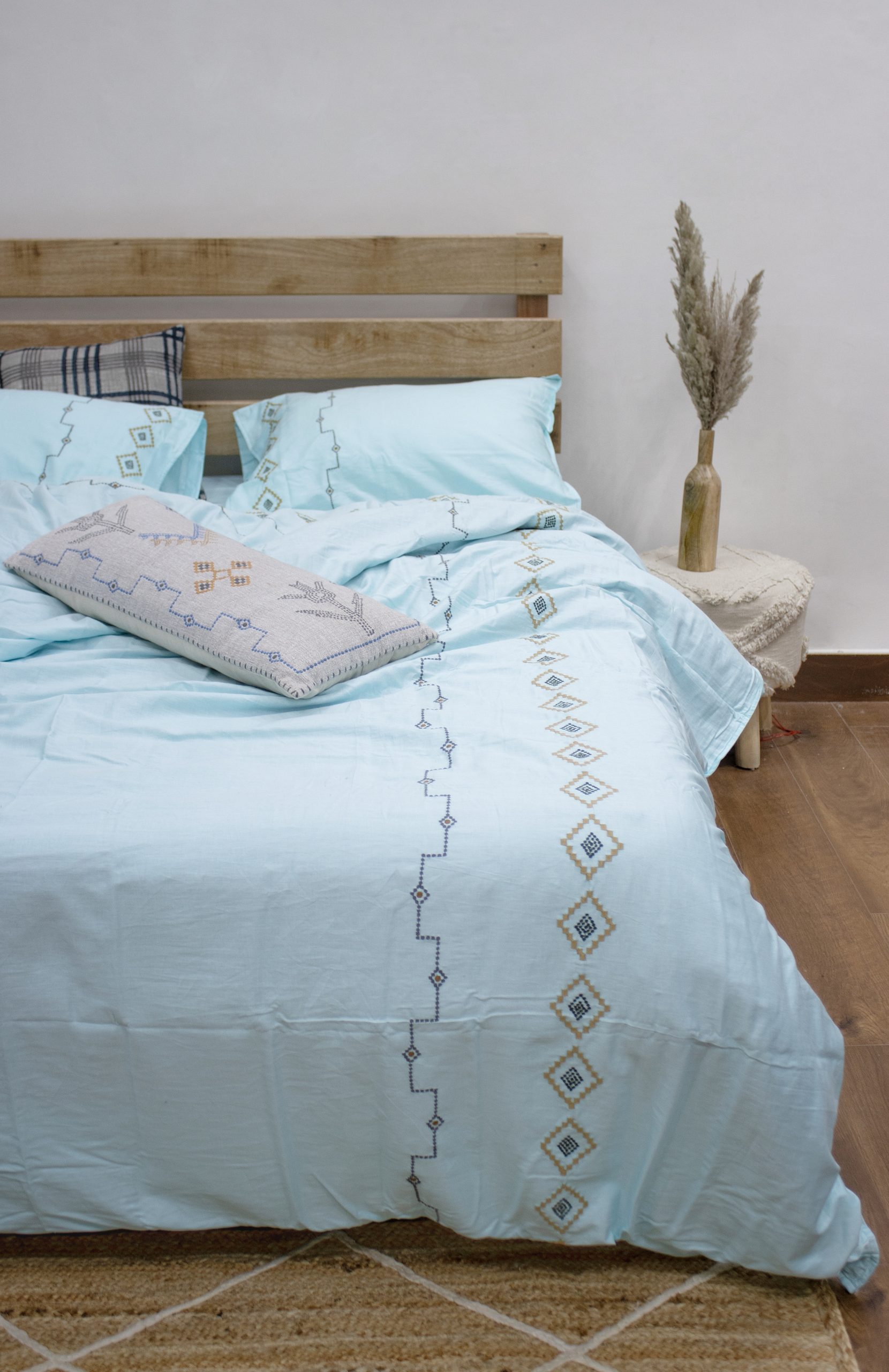 Boho Embroidered Cotton Duvet Cover with 2 Pillow Covers | Aqua Blue Cotton Bedding Set