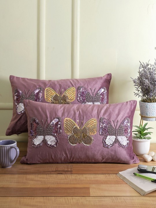 Purple & Gold Velvet Embellished Cushion Covers | Set of 2 Rectangle Pillow Covers