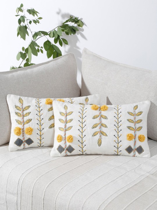 White & Yellow 2 Pieces Cotton Embroidered Rectangle Cushion Covers