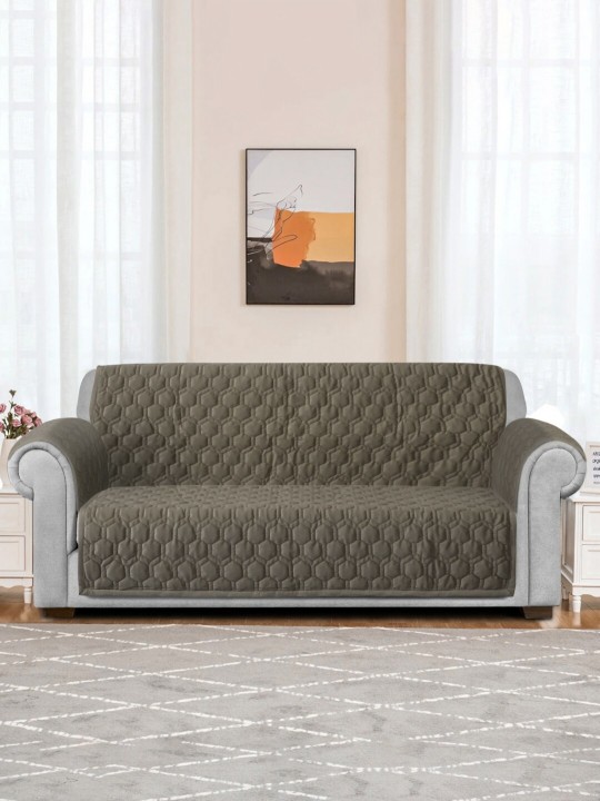Brown Honey Comb Quilted Velvet 3 Seater Anti Skid Sofa Cover with 2 pcs Hand Rest