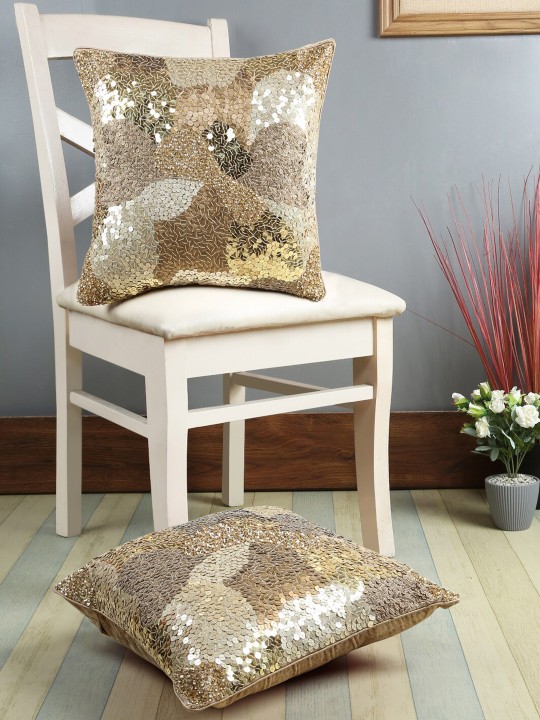 Gold & White Ethnic Motif Cushion Covers | Set of 2 Square Pillow Covers
