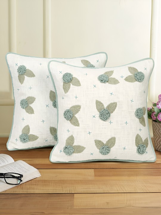 Sea Green & White Embroidered Cotton Cushion Covers | 2 Piece Square Pillow Covers Set