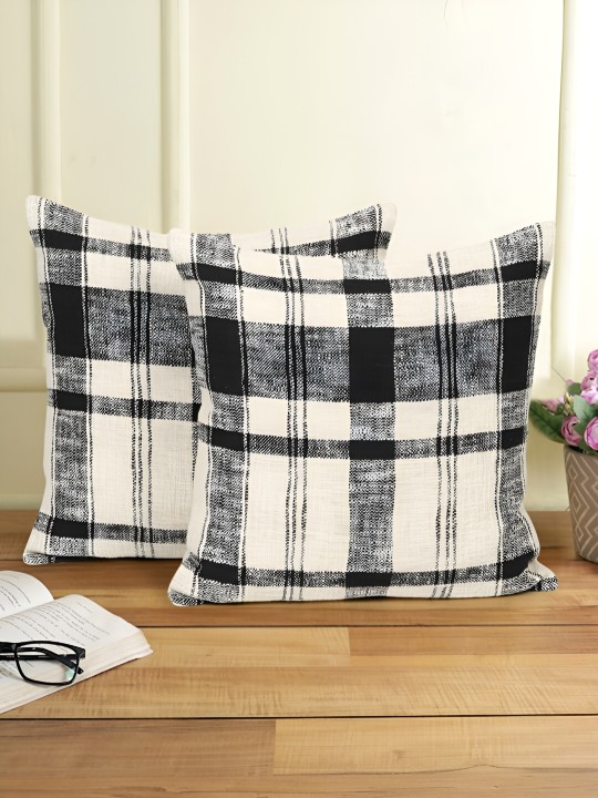 Black & White Checked Cushion Covers | 2 Piece Cotton Square Set for Home