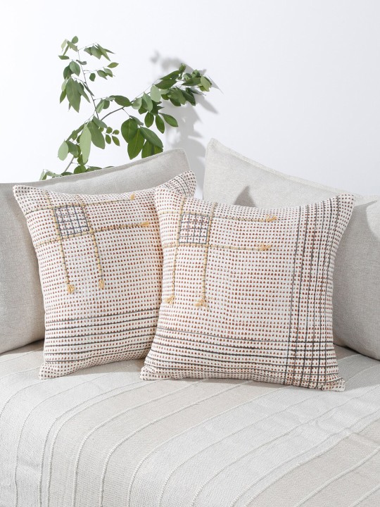Off White & Brown Cotton Cushion Covers Set of 2 | Geometric Embroidered Square Pillow Covers