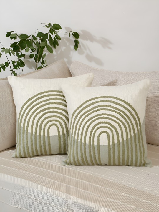 Green & White 2 Pieces Embroidered Square Cotton Cushion Covers