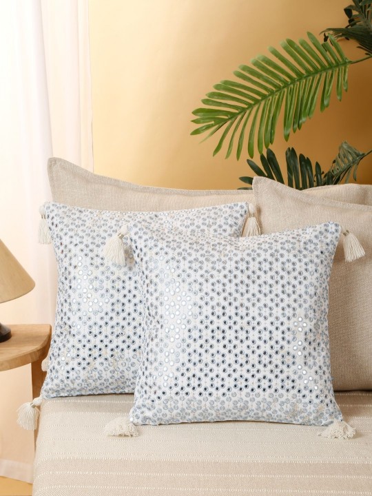 Blue & White 2 Pieces Mirror Work Cushion Covers