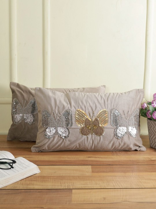 Grey & Gold Velvet Embellished Cushion Covers | Set of 2 Rectangle Pillow Covers