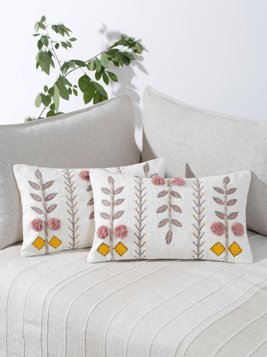 White & Pink 2 Pieces Cotton Embroidered Rectangle Cushion Covers